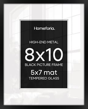 Homeforia Black Picture Frames 8x10, High End Metal 8 x 10 Photo Frame with Mat 5 by 7 Art, 10x8 Black Frame Matted to 5x7 inch Print, 8by10 Wall or Tabletop Frames, Tempered Glass, Wall Kit, Set of 1
