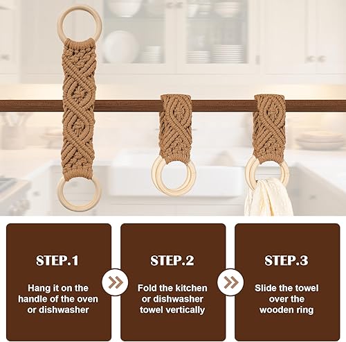 Miniatura 5 de HEAVYWOOD 4 toallas de cocina con anillo de madera, hecho a mano, colgador de toalla de punto para baño, gabinete, casa, horno (beige, gris claro,