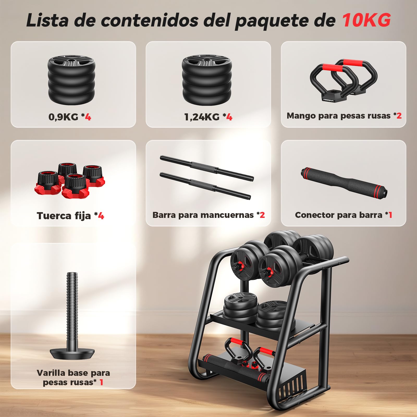 FEIERDUN 10kg-40kg Juego de Pesas y Mancuernas Ajustables, Kit Pesas 5 en 1 con Barra, Pesas Rusas y Soportes Para Flexiones, Equipo de Entrenamiento Progresivo para Toda la Familia