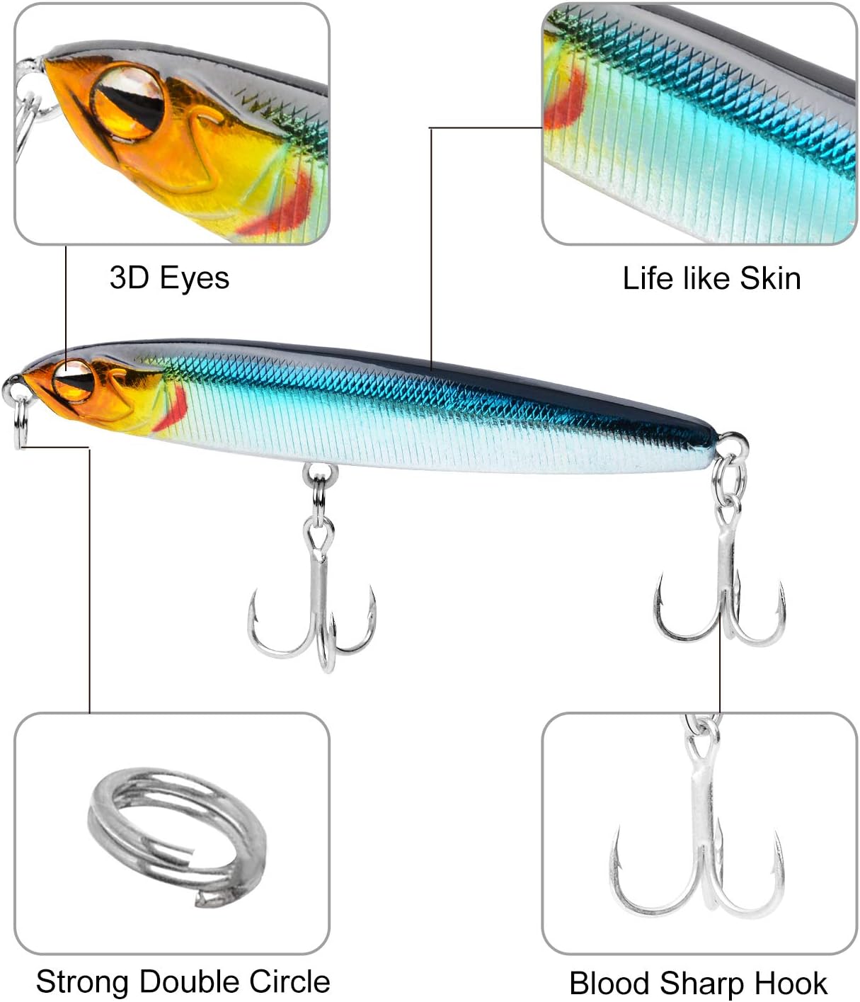 Fishing Lures Fishing Pencil Lure Slow Sinking Hard Bait Pencil Popper Lifelike Bass Fishing Lure for Saltwater and Freshwater,8pcs : Sports & Outdoors