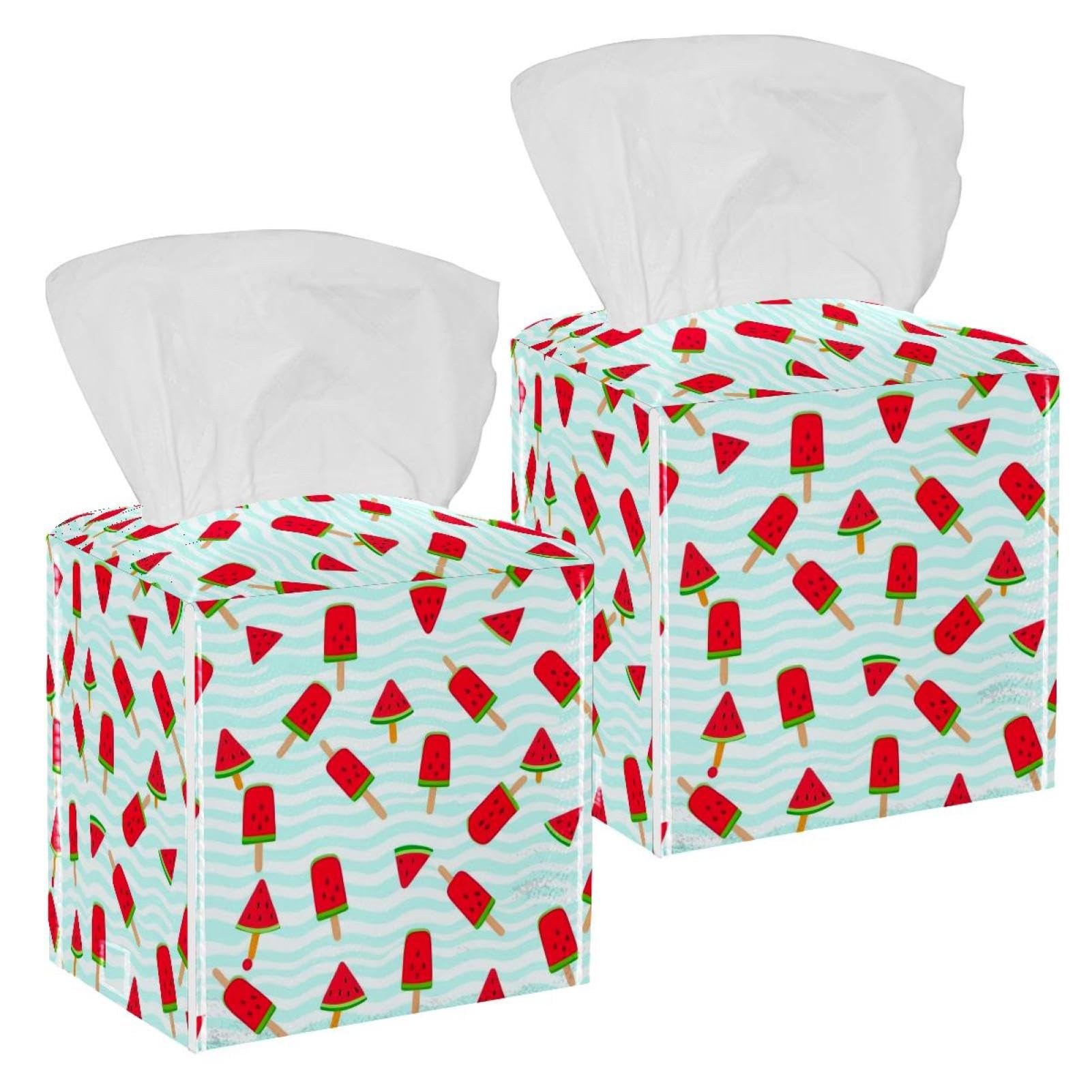 Watermelon Tissue Box Cover, 2 Pack PU Leather Square Facial Tissue Dispenser Box holder for Home Office Car