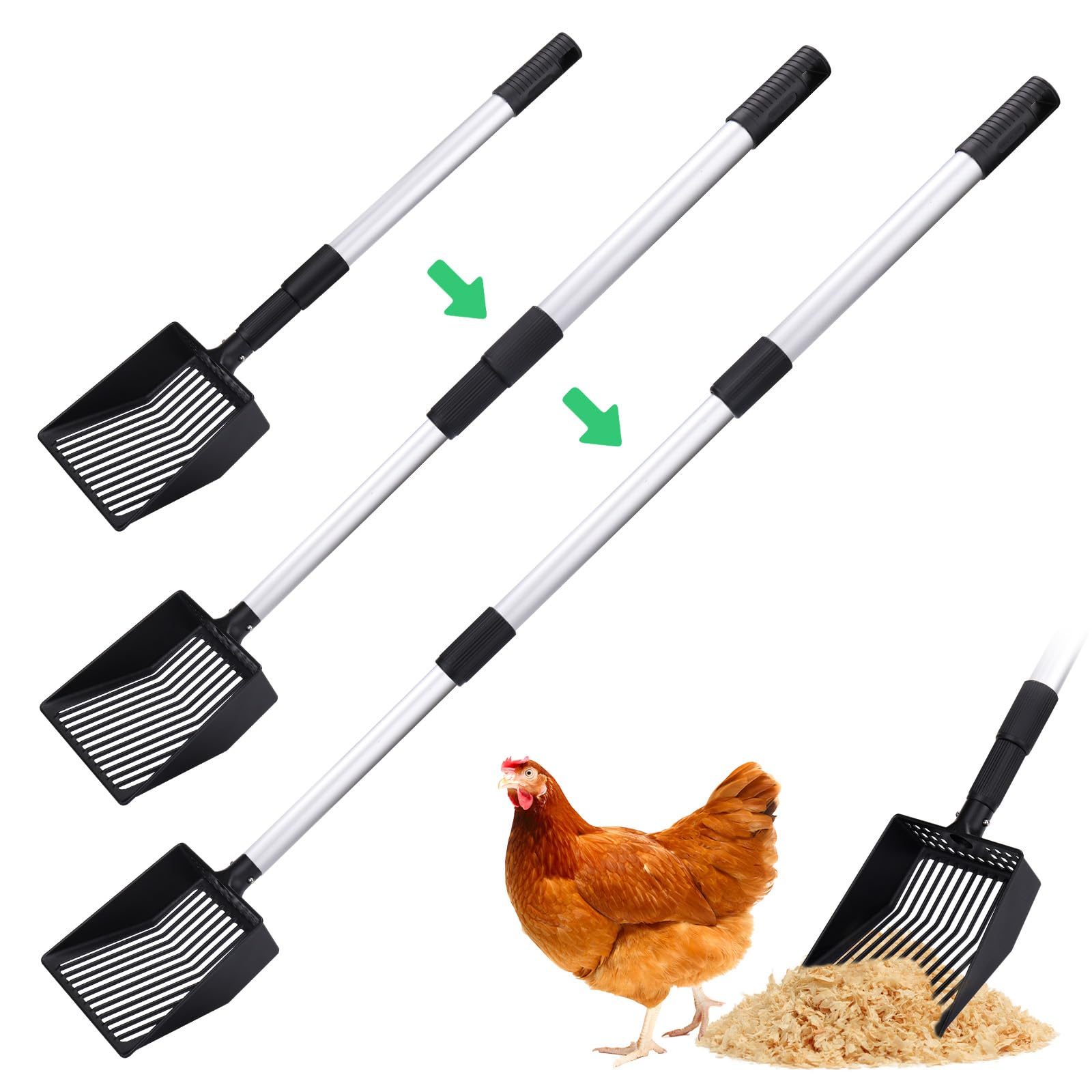 Mity rain Chicken Coop Accessories, 3 in 1 Adjustable Chicken Scooper for Cleaning, Sifting Shovel for Chicken Coop Separating Poo and Debris from Sand, Chicken Litter Scoop Supplies