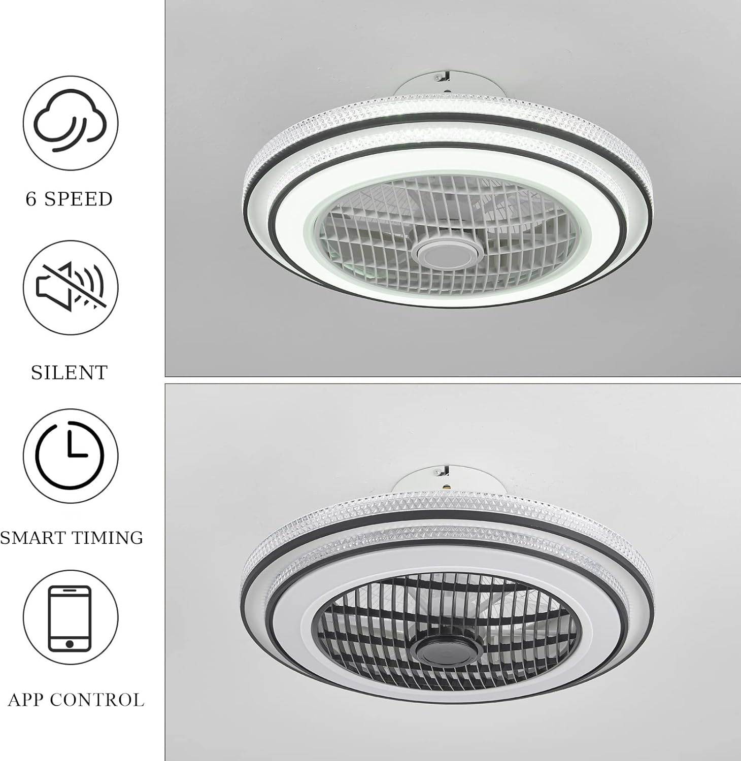 YUEGOO Ceiling Fans with Lamps,Led Dimmable Quiet Ceiling Fans with Lights and Remote Control Dc Reversible 6 Speed Timer Black Chandelier Fan for Living Room Bedroom/B