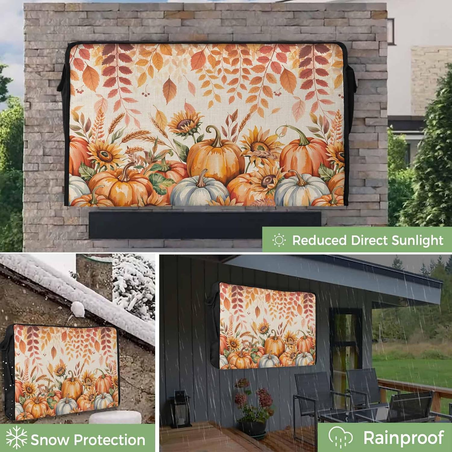 Pumpkin Outdoor TV Cover Thanksgiving Decoration Fall Leaf Linen Waterproof and Weatherproof 40"-43" LCD Movable Shield TV Display Screen Protector Outside Television Covers 40"Wx25"H