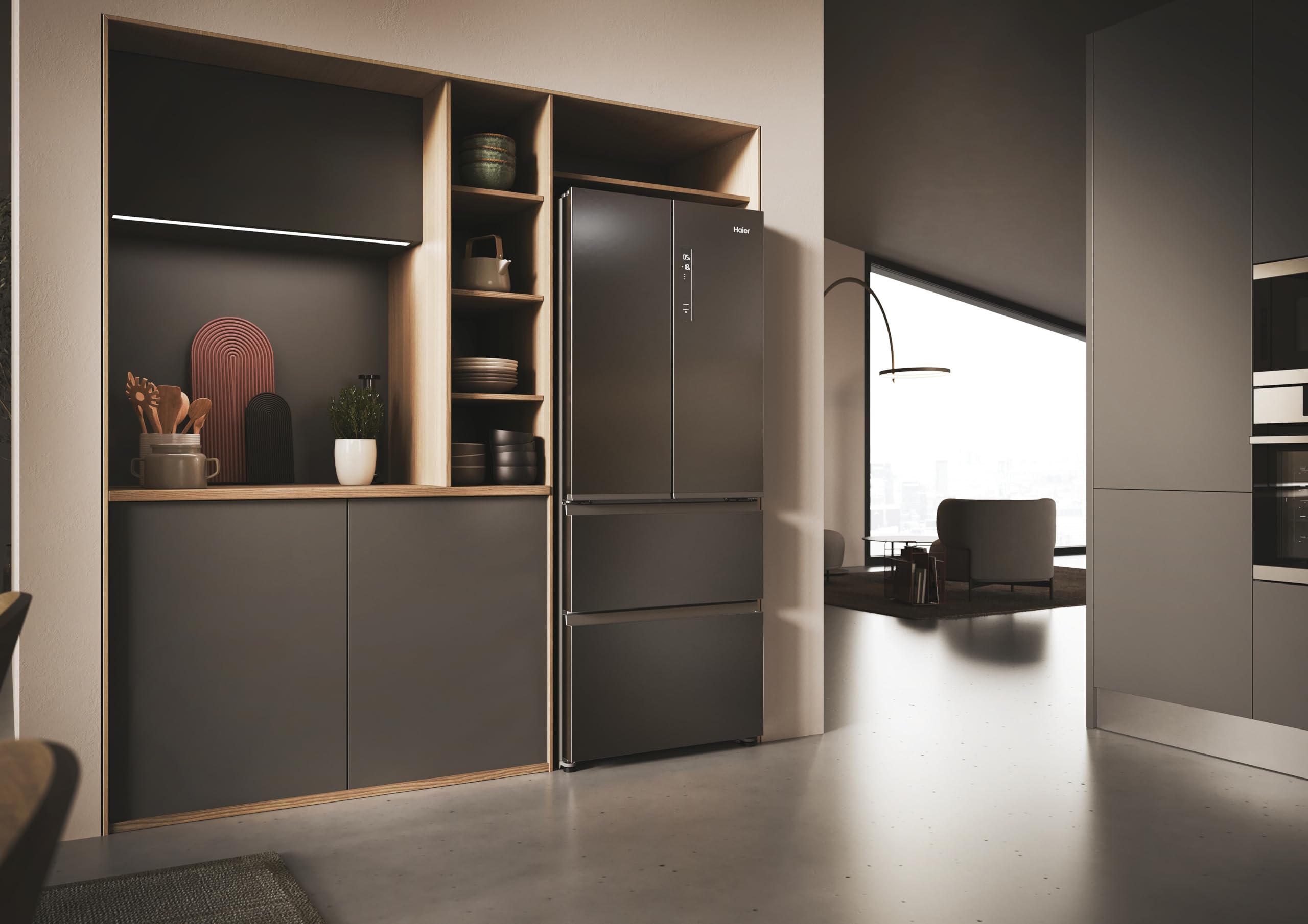 Haier FD 70 Serie 3, Frigorifero French Door, 2 Porte + 4 cassetti, 402 Litri, Total No Frost, Air Surround, My Zone, Libera Installazione, Classe E, (AxLxP) 177,5x70x68,8 cm, Dark Inox- HFR3718ENMD