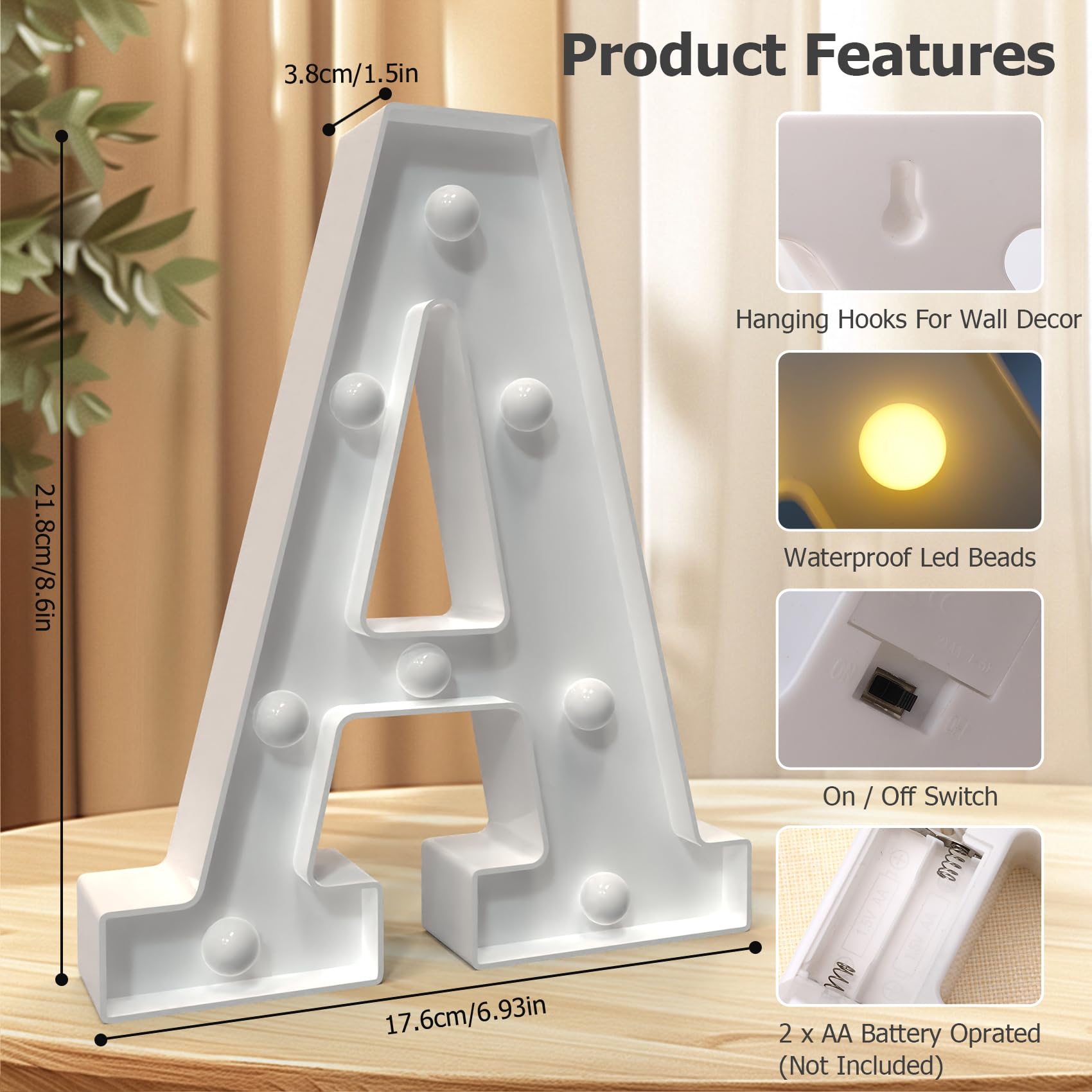 Marquee Letters, Led Letter Lights, 26 Alphabet Battery Powered LED Light Up Name Sign, Decorative Lighted Standing Letters for Graduation Party Night Light Wedding Birthday Room Wall Decor (Letter A)