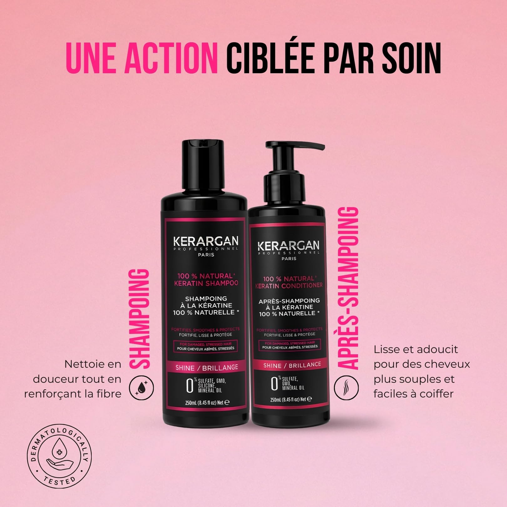 Kerargan - Duo Ultra Réparateur Shampoing & Après-shampoing à la Kératine pour Cheveux Abîmés et Stressés - Fortifie, Lisse & Protège - Sans Sulfate, OGM, Silicone - 2x250ml