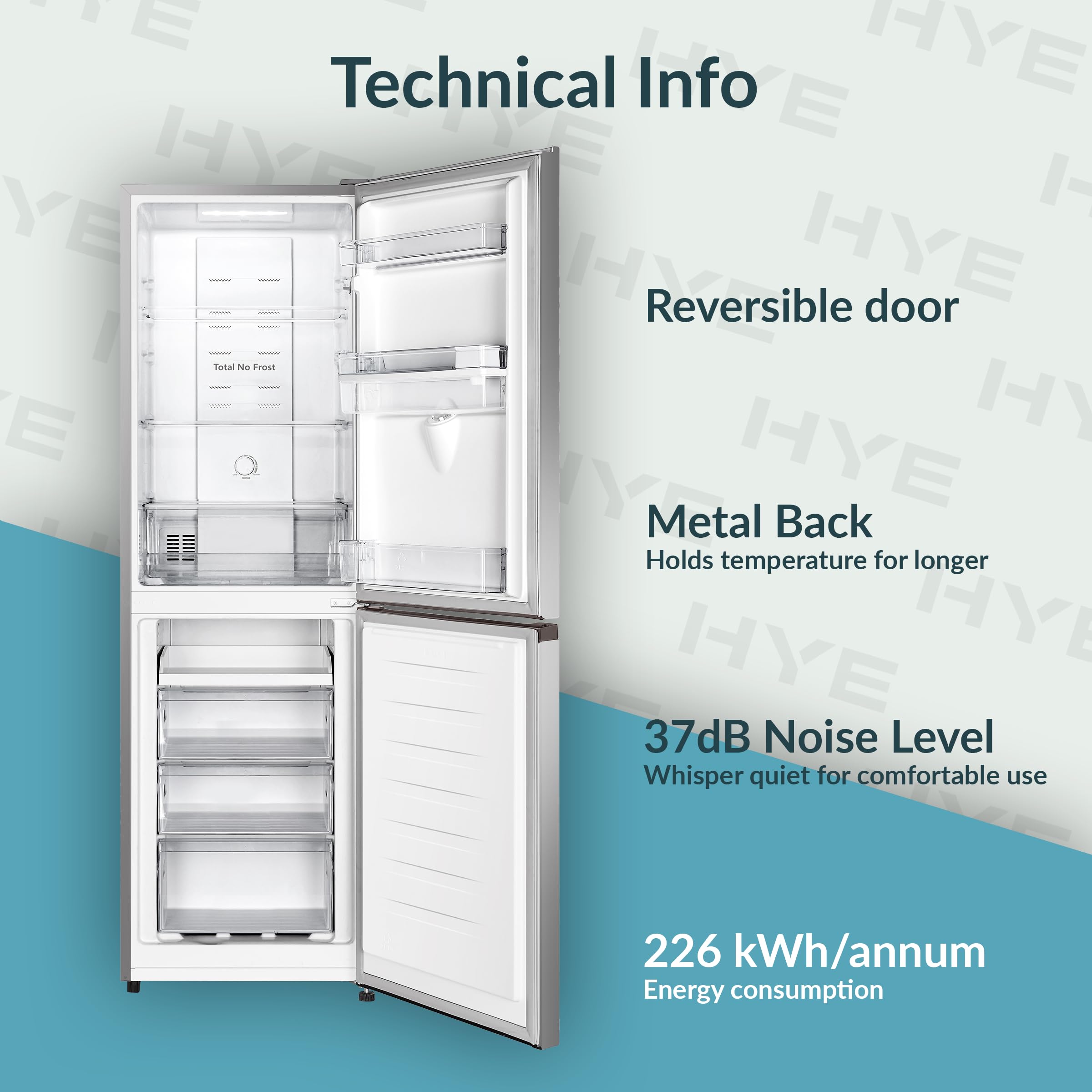 HYE Fridge Freezer - 50/50 Freestanding Fridge Freezer, 182.4cm Height, 55cm Width, 256 Litre Capacity, Total No Frost & Non-Plumbed Water Dispenser, Silver - RF01FF256S18 — view 5