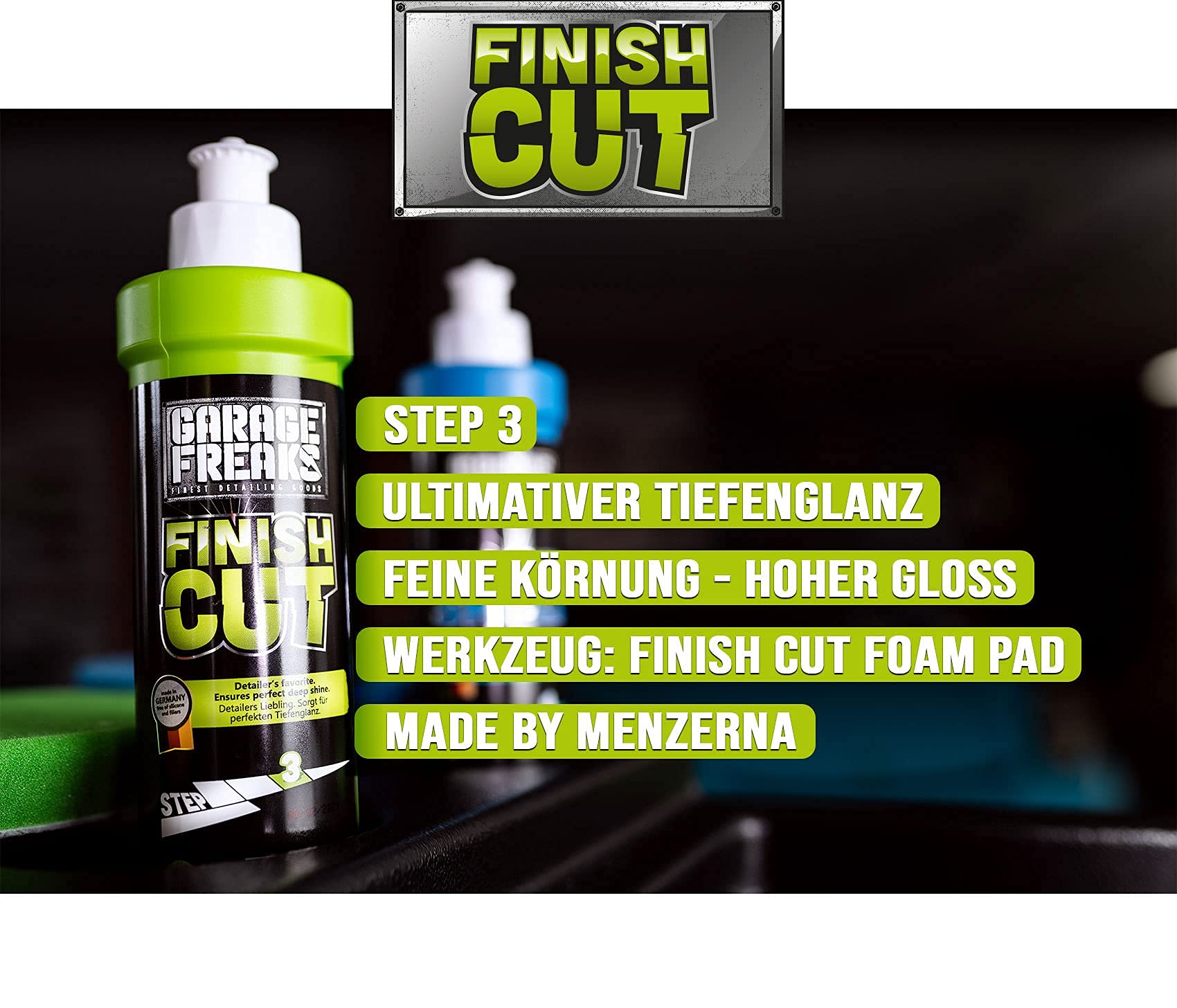 Juego de pulidoras profesionales para coche, PLSH H15, pulidora excéntrica, placa de apoyo de 125 mm, Garage Freaks Heavy Cut, corte medio, abrillantadores de corte final, 250 ml, 3 almohadillas a