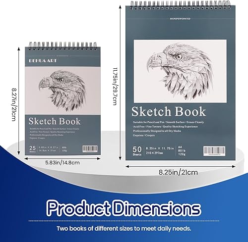 Miniatura 2 de Juego de 2 cuadernos de bocetos A4 y A5, 80 lb120 GSM, bloc de bocetos encuadernado en espiral superior, 75 hojas de papel grueso, tapa dura,