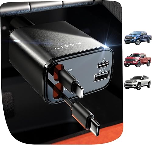 LISEN - Cargador retráctil para automóvil, adaptador de cargador de automóvil USB C de 69 W, carga rápida para iPhone 16, 15, 14, 13, 12, Samsung,