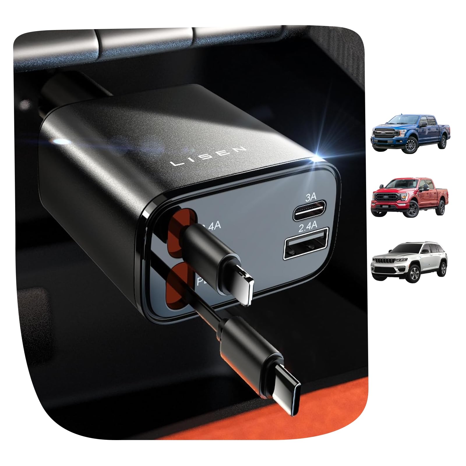 LISEN Retractable Car Charger 4 in 1 for Cars, 69W Retractable USB C Car Charger with 31.5in Cable, Fast Charging for iPhone 17 16 15 14 13 12 Pro Max Plus, Compact Cars Accessories for Daily Driving