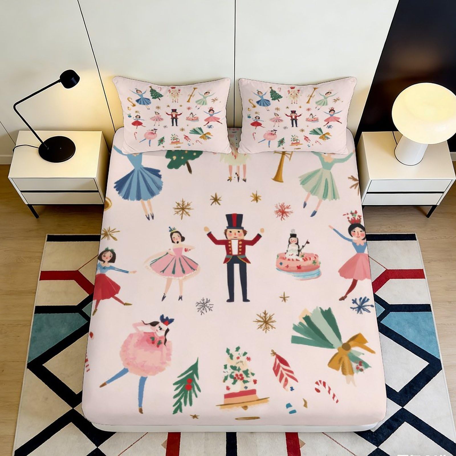 3D Printed Nutcracker Ballet Fitted Sheet Microfiber Soft Breathable Christmas Characters Mattress Cover for Bedroom Guest Room Decor 200x200x25cm