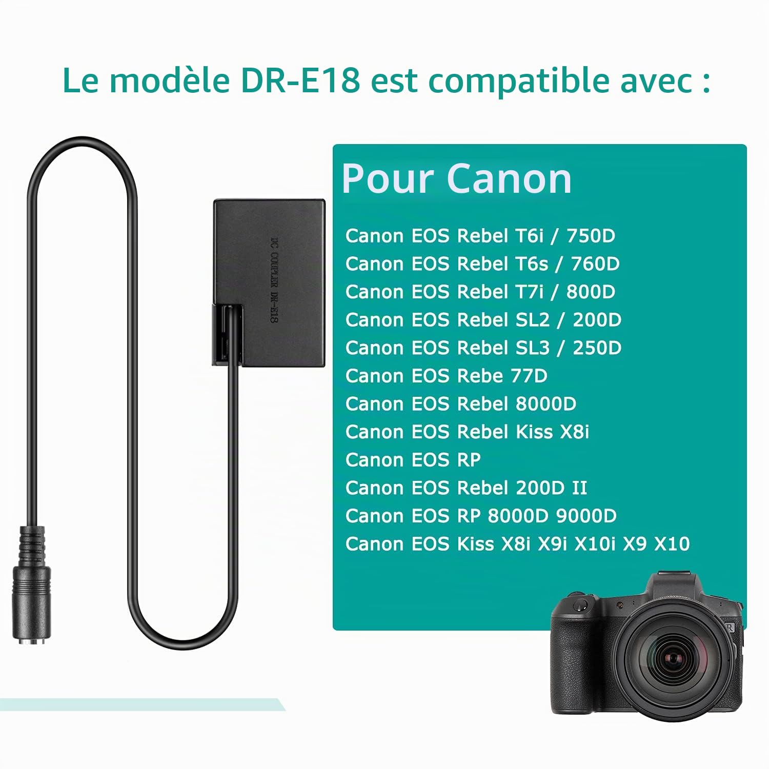 ACK-E18 AC Adaptateur DR-E18 Coupleur DC LP-E17 Batterie factice pour Canon EOS R10 EOS Reble T8i T7i T6i SL2 SL3 200D 200DII 250D 750D 760D 800D 850D 8000D 9000D Kiss X90000D Kiss