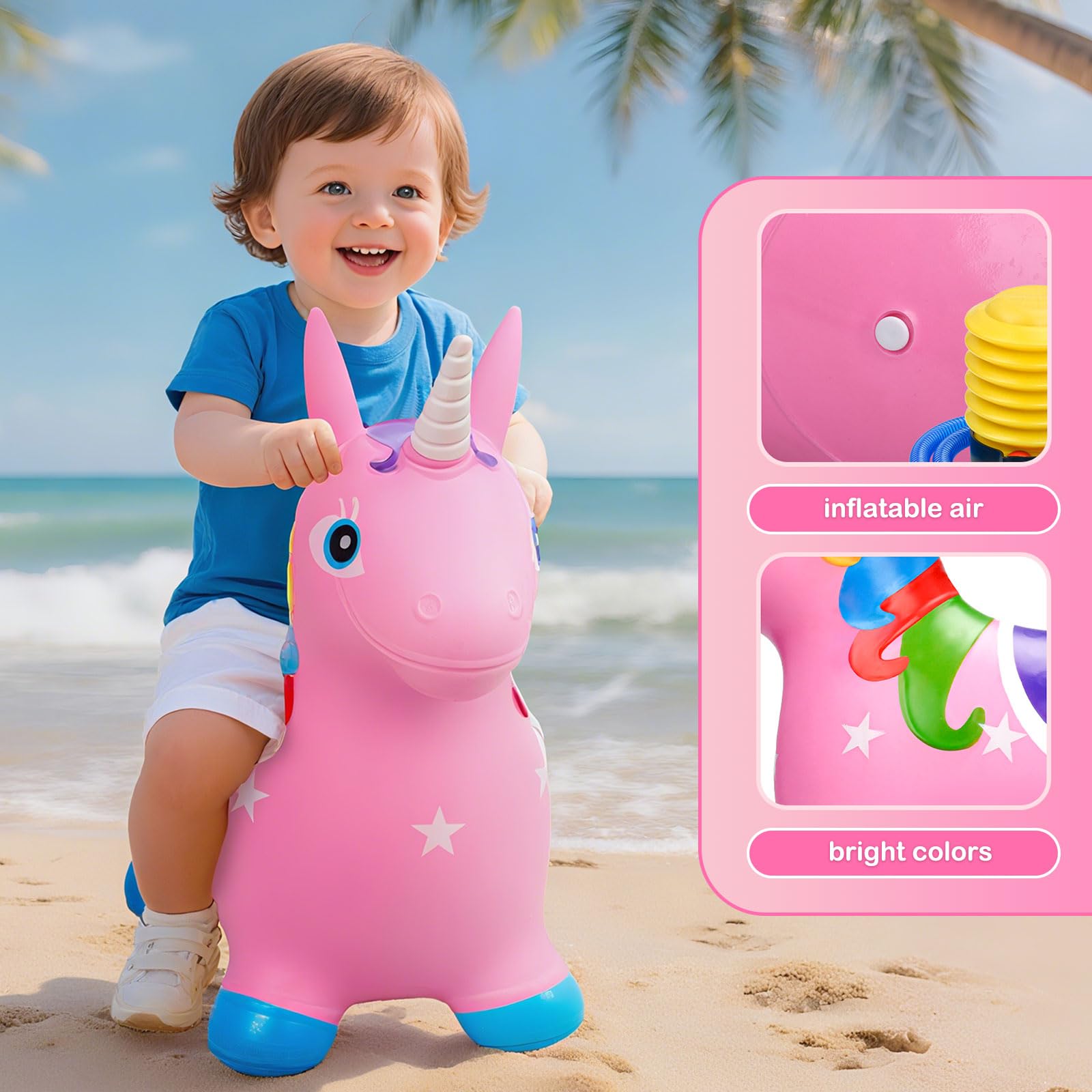 Juguetes de salto con unicornio con bomba de aire – Colorido caballo saltarín para niños de 0–3 años – Juguetes de salto inflables de PVC grueso, no tóxico – Diseño antivuelco, antideslizante y