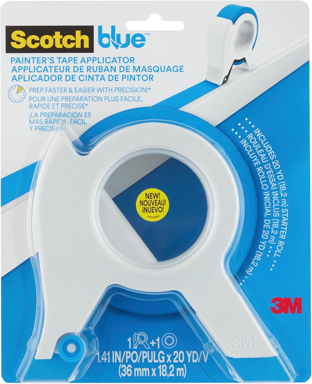 ScotchBlue Applicateur de Ruban de Masquage avec 1 Rouleau (36 mm x 18,2 m) Multi-Surfaces - Pour Moulures, Plinthes, Fenêtres et Encadrements Portes
