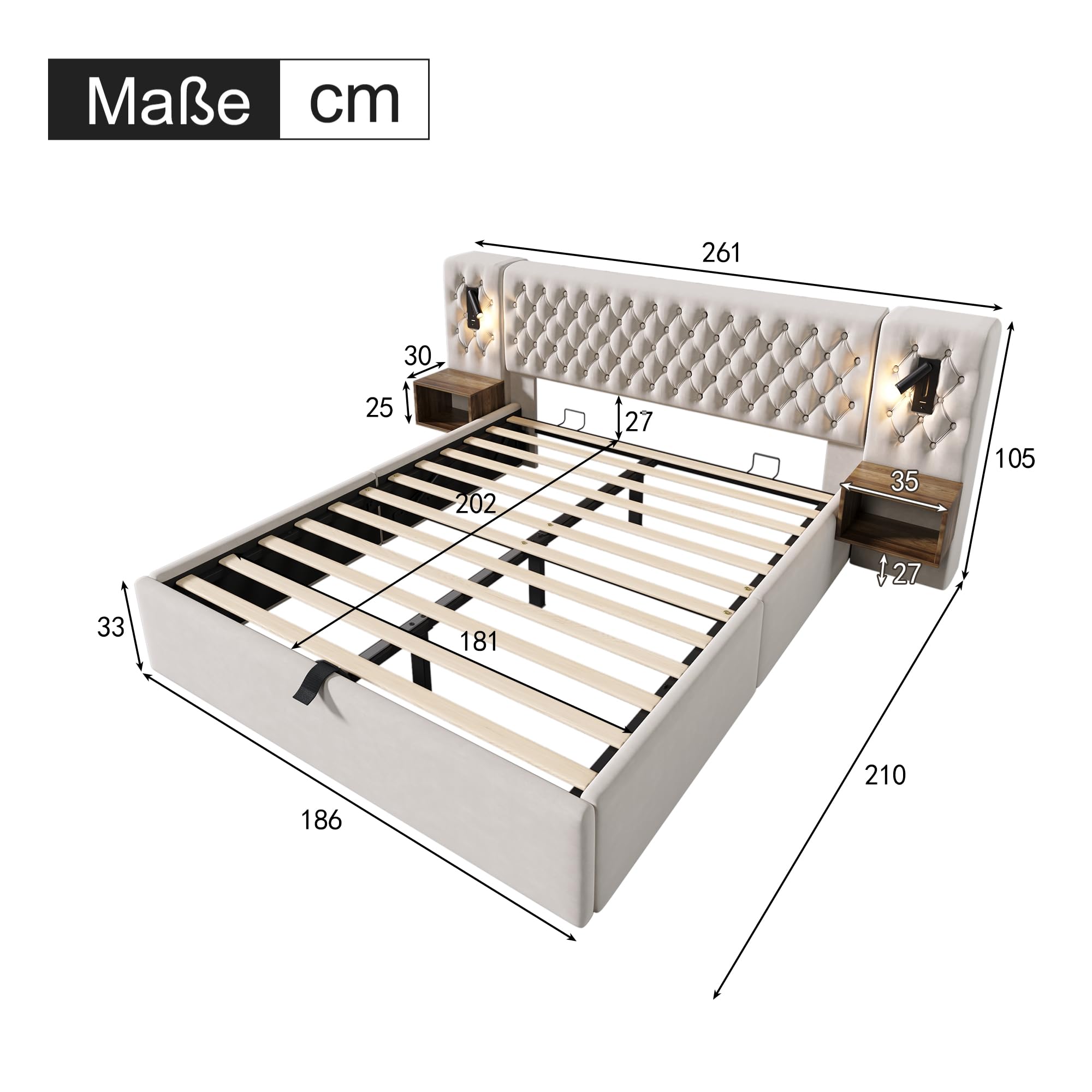Juego completo de cama para dormitorio, cama tapizada hidráulica, cama doble de 180 x 200 cm, con 2 mesitas de noche, cabecero de luz de lectura con función de carga USB, 261 x 210 x 105 cm,