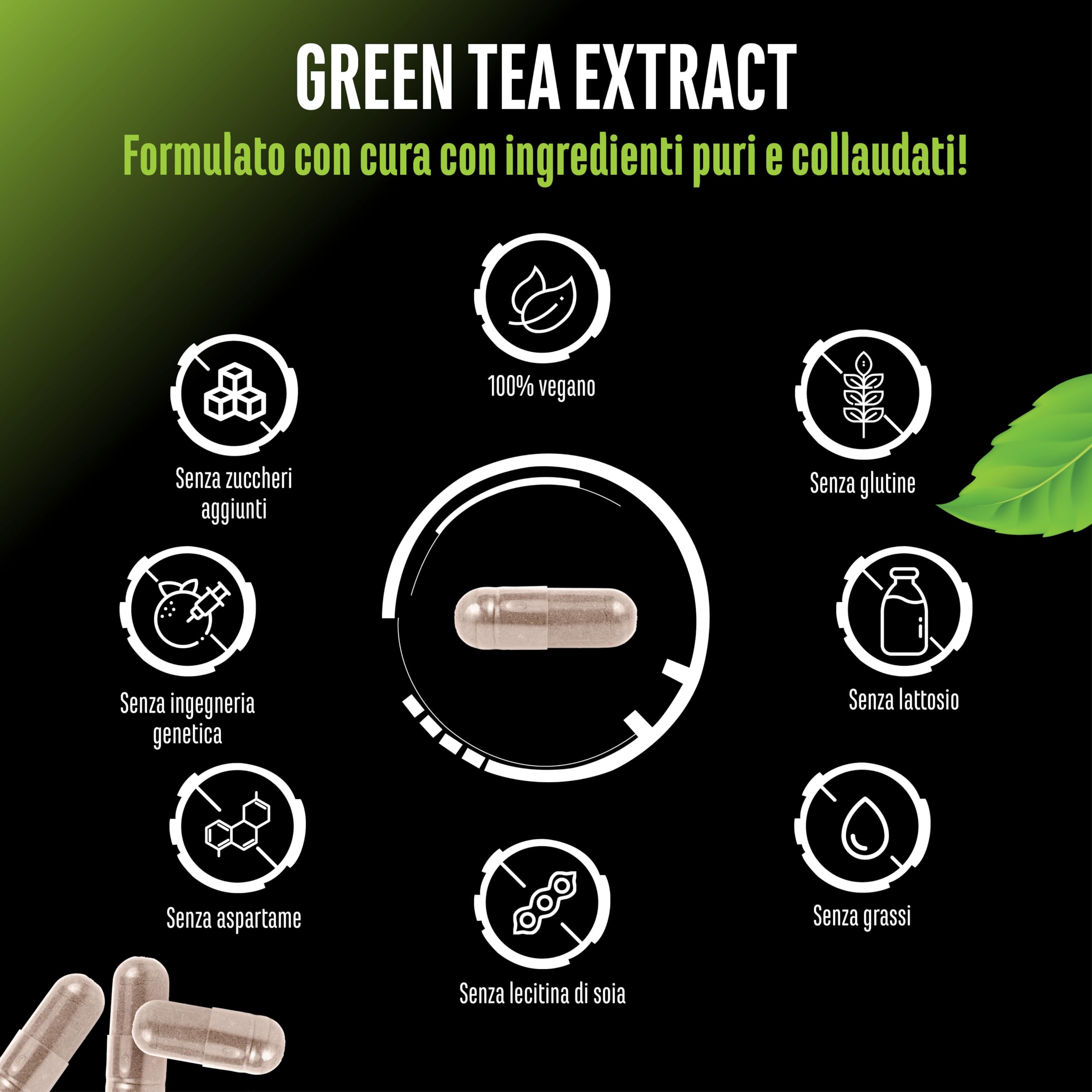 Estratto di tè verde - 180 capsule - Dosaggio extra elevato con 750 mg di estratto di tè verde per capsula - 95% di polifenoli e 45% di EGCG - Senza additivi superflui - Vegano
