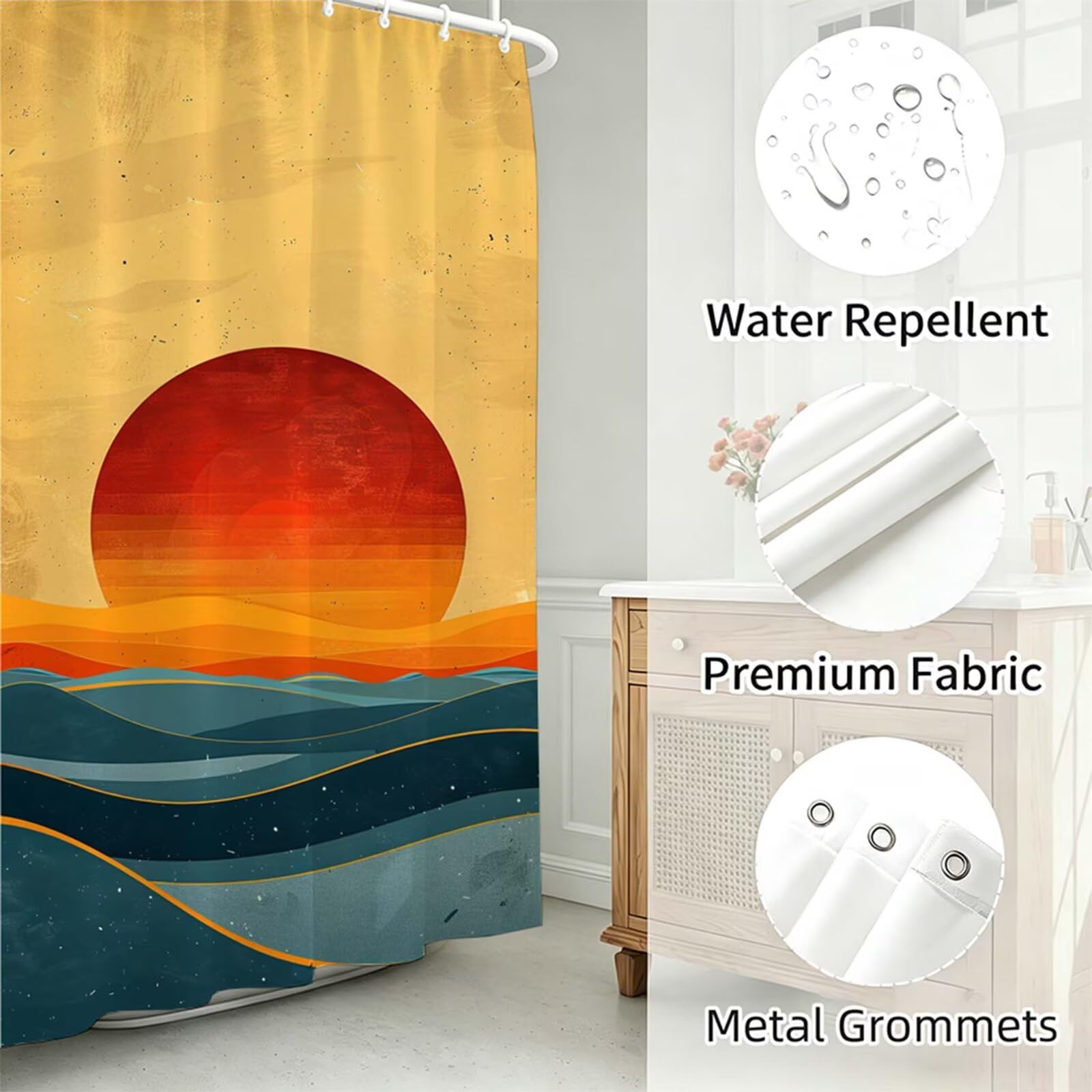 arancione Tenda Doccia 180x180cm,Tenda per Doccia Tessuto Poliestere Impermeabile Asciugatura Rapida 12 Anelli,Tende Finestra Bagno e Vasca Pieghevole per Angolare Casa Shower Curtain Tramonto J-328