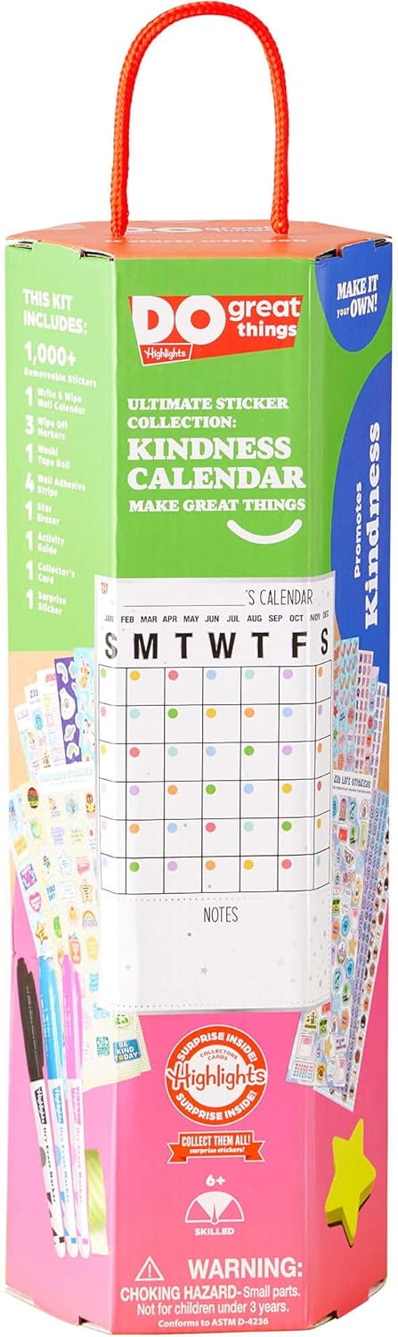 Highlights Kindness Dry-Erase Calendar for Kids, Includes 1300+ Reusable Stickers, Customizable Wall Calendar Promotes Self-Expression and Organization, Ages 6+ Assorted Color 1x4pcs