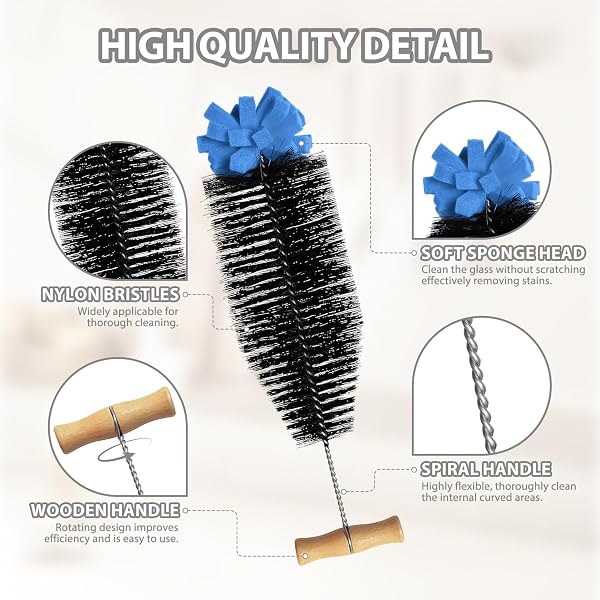 Brosse à Bouteille de 33 cm – Brosse Flexible avec Long Manche et Manche en Bois Incliné à 90°, Nettoyage Profond sans Rayures, Idéale pour Les Bouteilles en Verre et en Plastique Sodastream (Noir) - 3