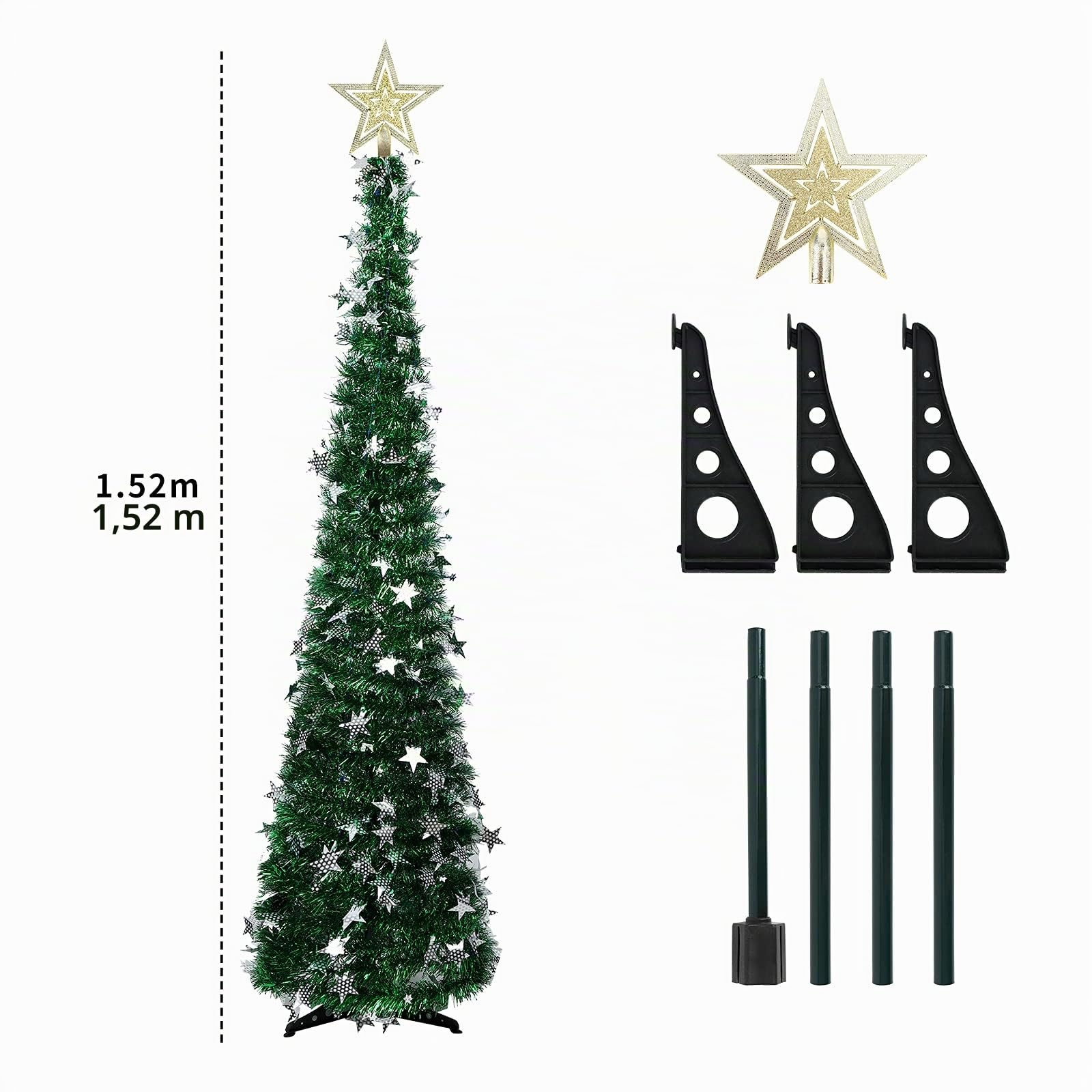 Albero di Natale artificiale pieghevole da 1,52 m, albero di Natale sottile pop-up a matita con stella sulla cima e supporto robusto, albero di Natale decorato per le feste per casa, camino, ufficio
