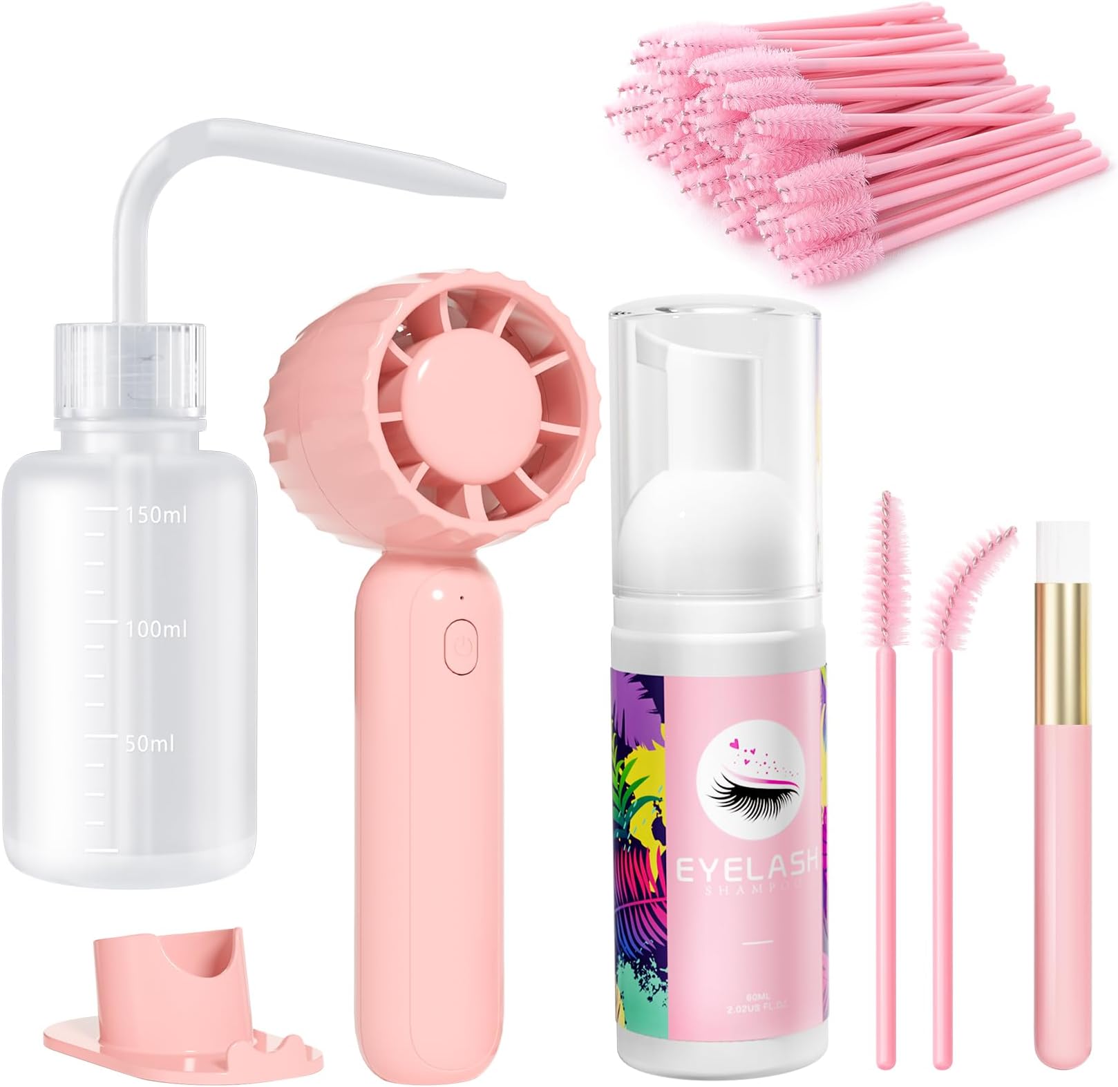 Lash Cleaning Kit - Lash Shampoo Kit 60ML with Rechargeable Handheld Fan Dryer, Mascara Brush, Rinse Bottle, Makeup Cleansing Foam for Eyelash Extension Care, Pink
