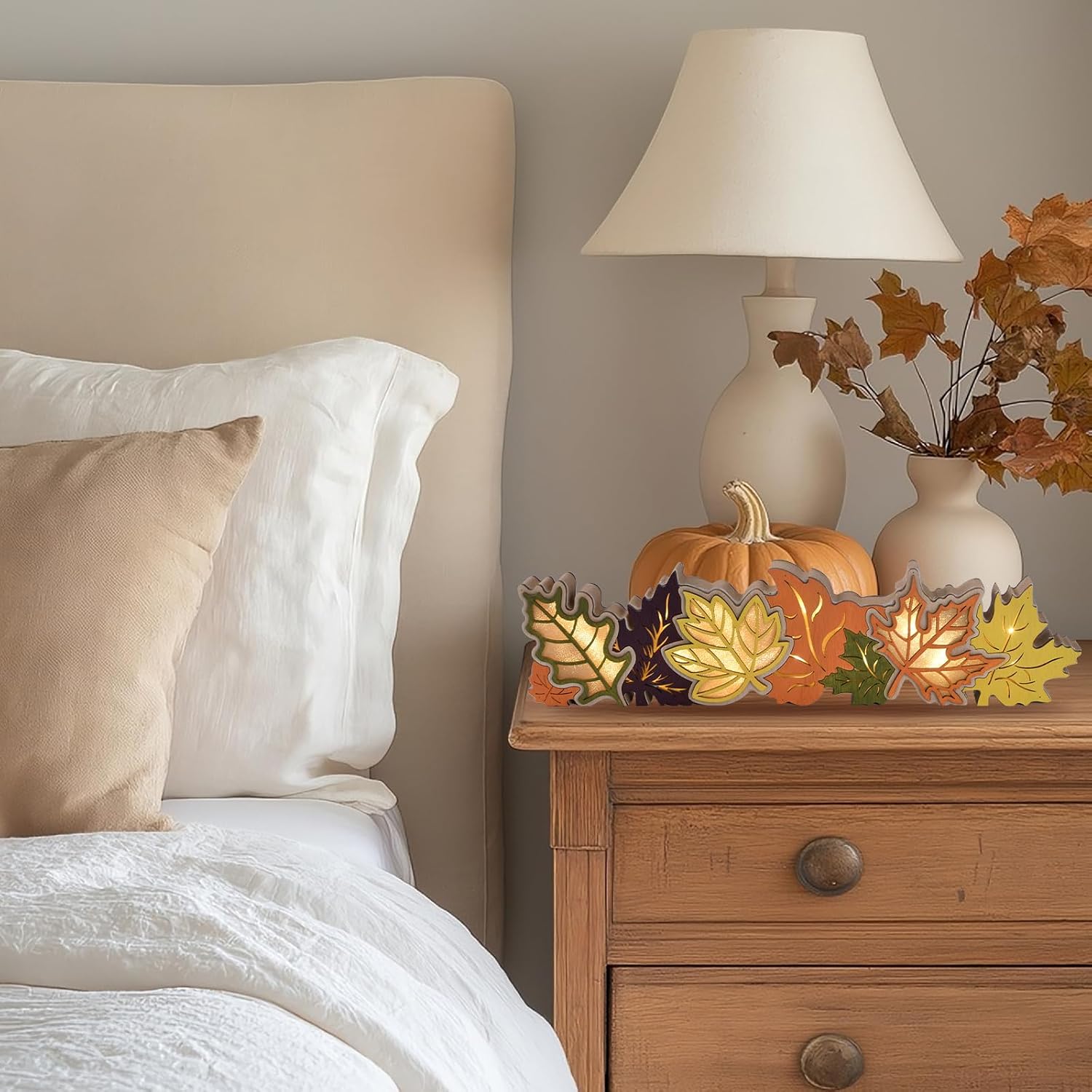 IDATOO Lighted Maple Leaf Fall Decorations for Home Wooden Table Decor