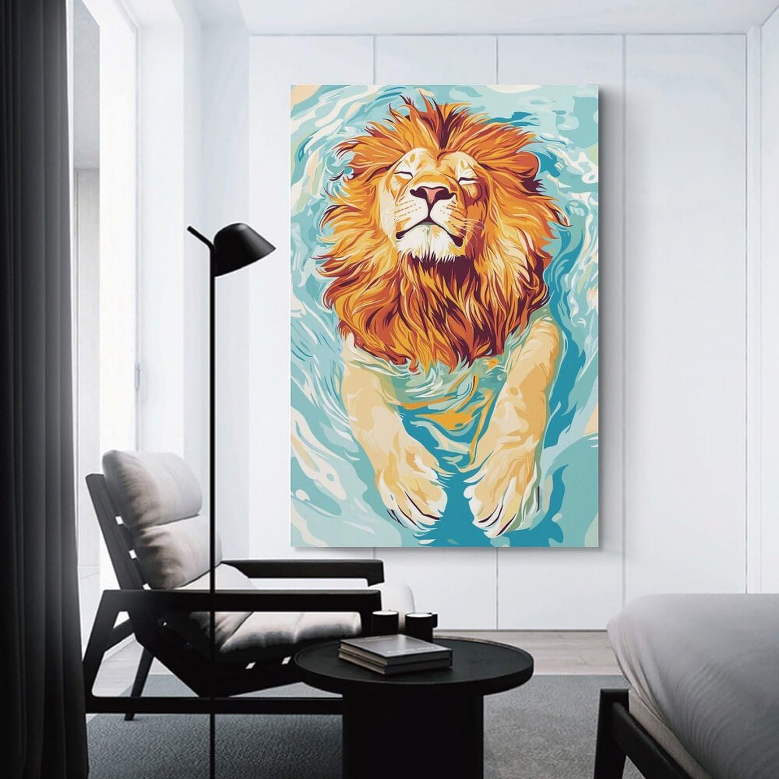 Junmoney Canvas Wall Picture Lion Swimming in Water Illustration, 20x30inch(50x75cm), for Bedroom Decor, Cosy Corners Or Studios, A Warm Accent for Relaxed Interiors