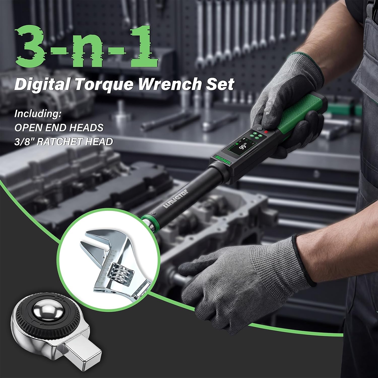 2026 Upgraded Digital Torque Wrench 3/8" Drive, ±2％ Torque Wrench with Buzzer & LED Indicator for Automotive Motorcycle & Bicycle (3/8-Inch, 3PC#5-99.5 Ft-lbs)