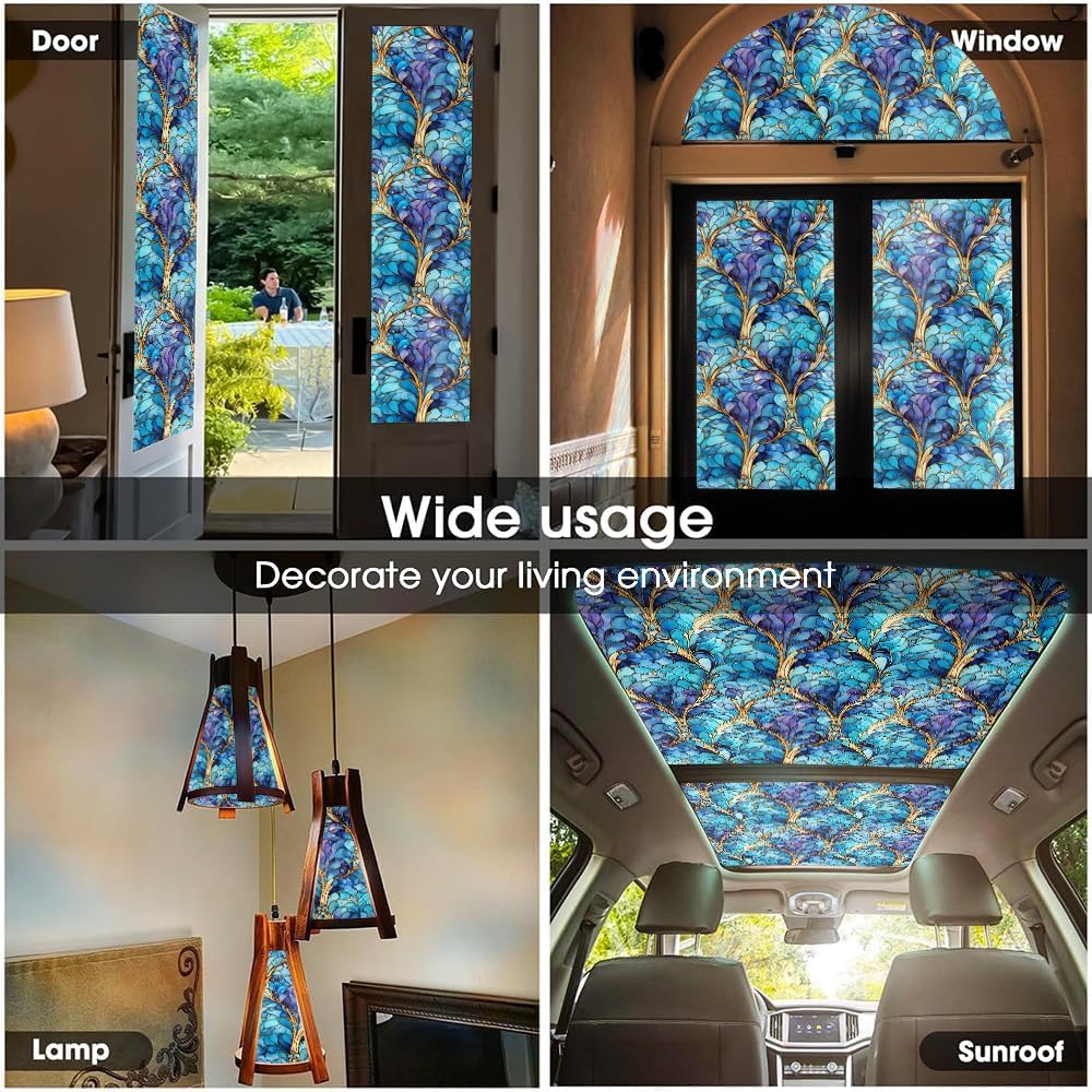 16“x118 Blue Stained Glass Flower Double Side Window Films Art Decorative Window Privacy Tinting Film Self-Adhesive Static Glass Window Clings Stickers for Living Room Bathroom Glass Windows Decor