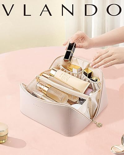 Miniatura 2 de Vlando Bolsa de cosméticos de viaje - Bolsa de maquillaje, bolsa de cosméticos impermeable de cuero PU, blanco albaricoque, Moda