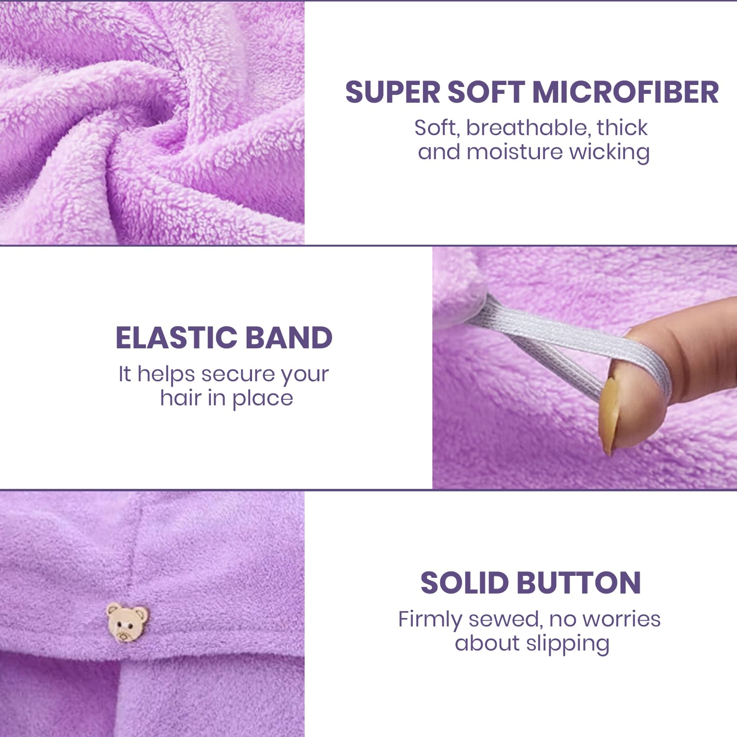 MAXOSHINE Hair Towel Wrap for Women-Quick Drying Microfiber Towel for Hair with Elastic Loop for Tying-Super Absorbent Head Towels Wrap for Ladies Hair Turban (Pack of 2-Purple & Green) 3
