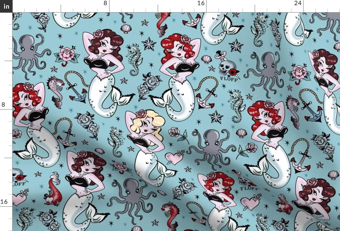 Spoonflower Fabric - Mermaid Vintage Retro Rockabilly Style Pinup Kawaii Mermaids Cute Printed on Minky Fabric by The Yard - Sewing Baby Blankets Quilt Backing Plush