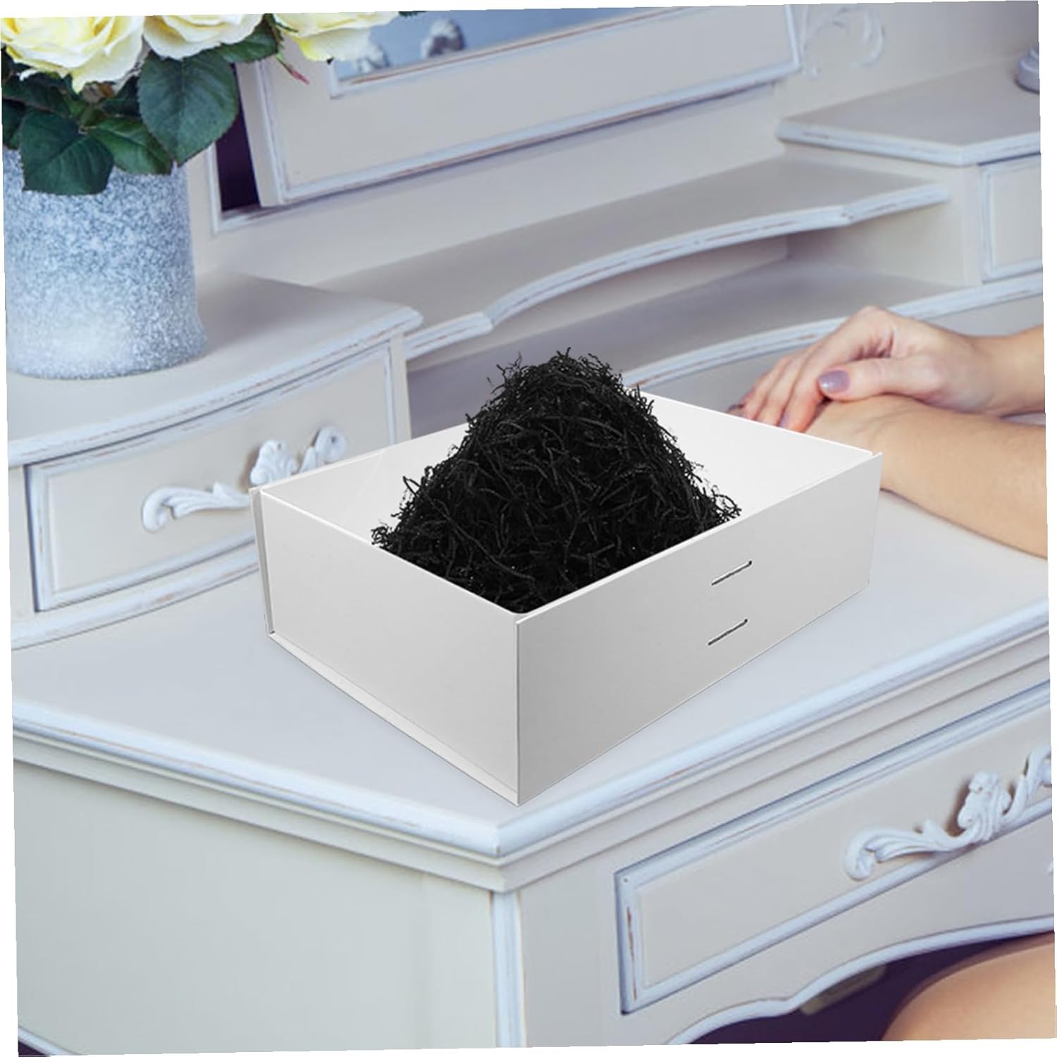 HOLIDYOYO Black Wavy Crinkle Cut Raffia Grass Paper Filler Bulk Packaging Shred for Boxes Baskets Wrapping Valentine's Day Wedding Anniversary Craft Decor