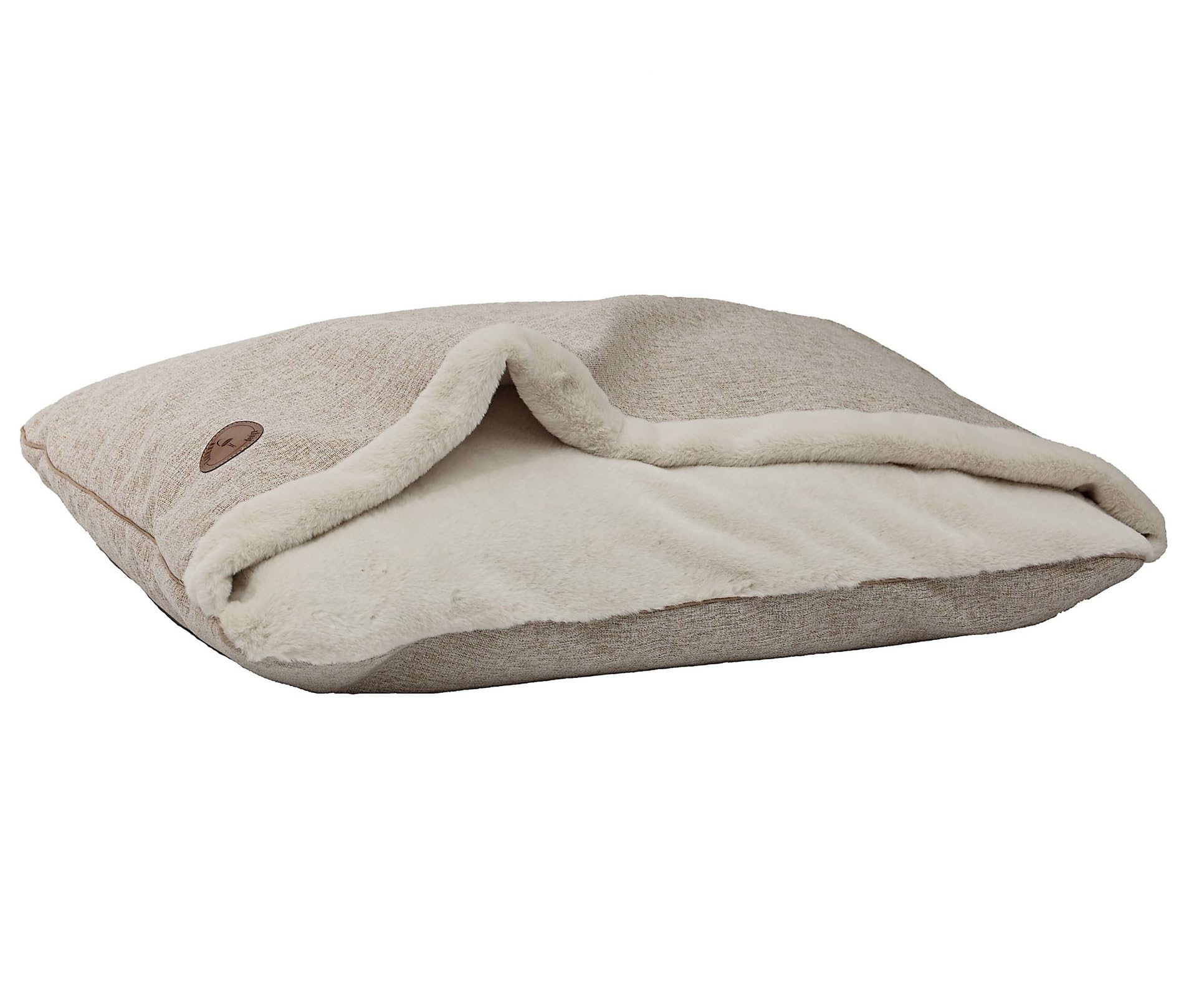 Lauren Design NEL Hundebett für Mittelgroße und Kleine Hunde - Flauschiges Katzenbett Haustierbett Mit Kapuze, Rutschfest und Waschbar (Beige Natura, XL 100 x 80 cm)
