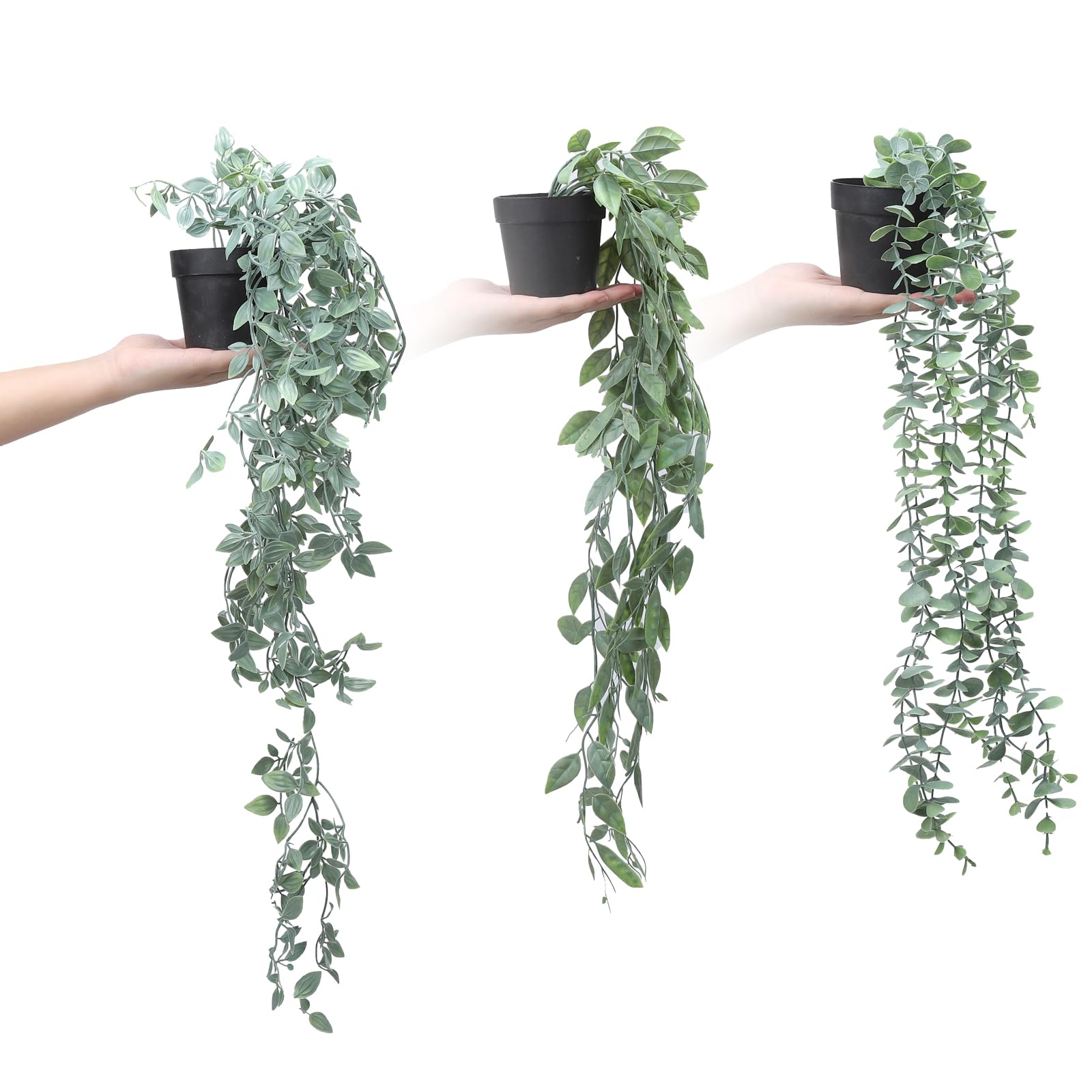 Garvee Artificial Hanging Plants 3 Pack With Pots – Faux Eucalyptus, Datura, Snow Pea Greenery, Realistic Trailing Ivy, Ideal For Indoor Outdoor Decor, Wall, Room, Patio, Shelf, Office