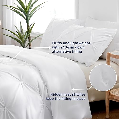 Miniatura 7 de DOWNCOOL Juego de edredón de tamaño King, edredón blanco tamaño King, juego de edredón de 3 piezas, 1 edredón plisado suave y 2 fundas de almohada,