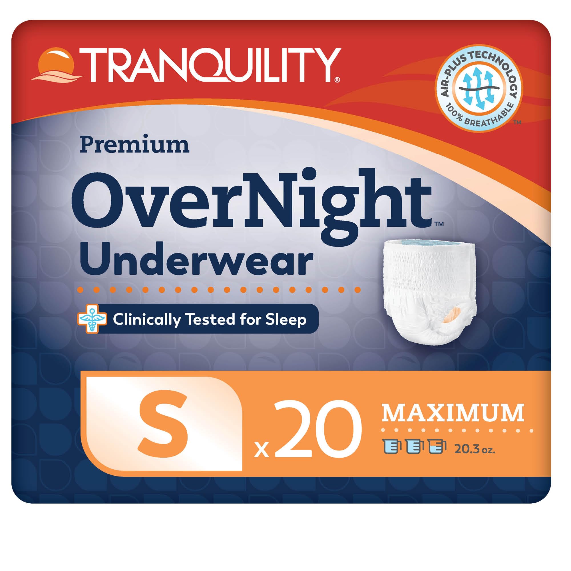 Tranquility Premium OverNight Disposable Absorbent Underwear (20 Count) - S, 22-36 in. Waist - Maximum Absorbency, All-Night Sleep, Breathable Comfort, 20 Adult Diapers