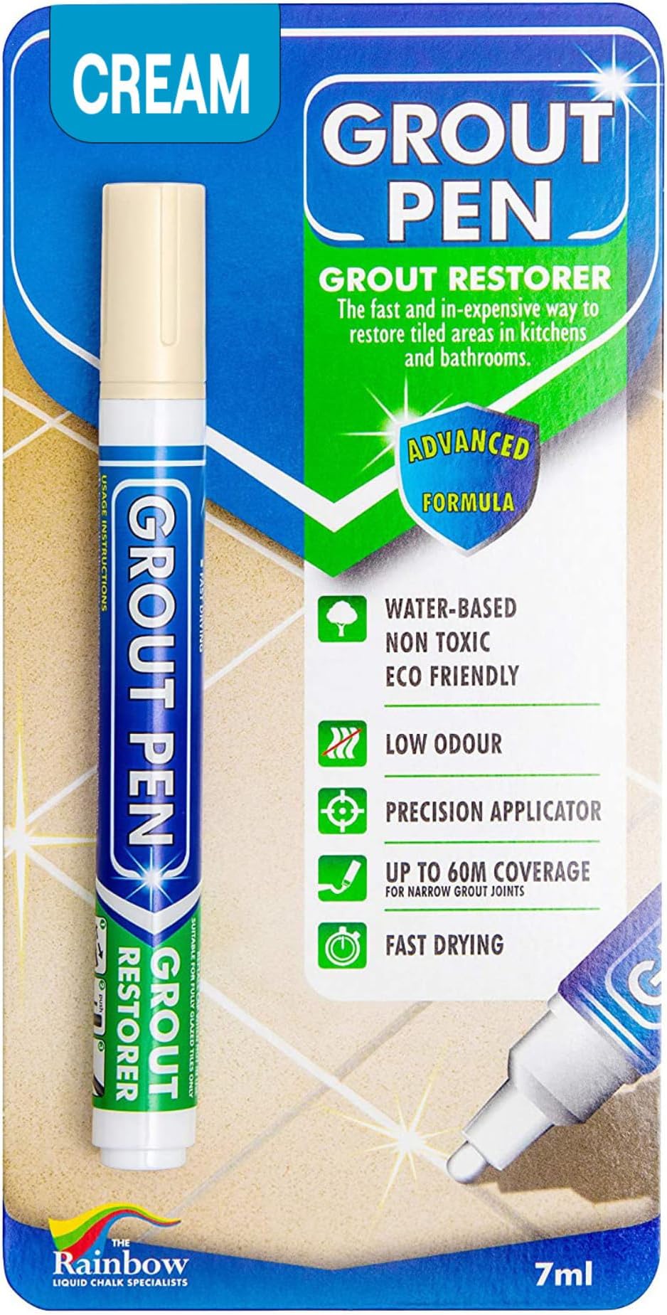 Rainbow Chalk Markers Limited Grout Pen - Designed for restoring tile grout in bathrooms & kitchens (Cream)