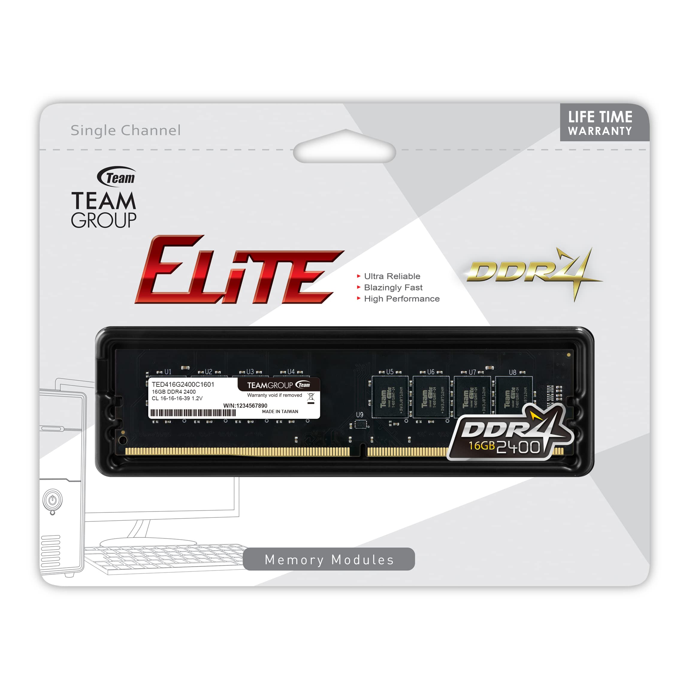 TEAMGROUP Elite DDR4 16GB Single 2400MHz PC4-19200 CL16 Unbuffered
