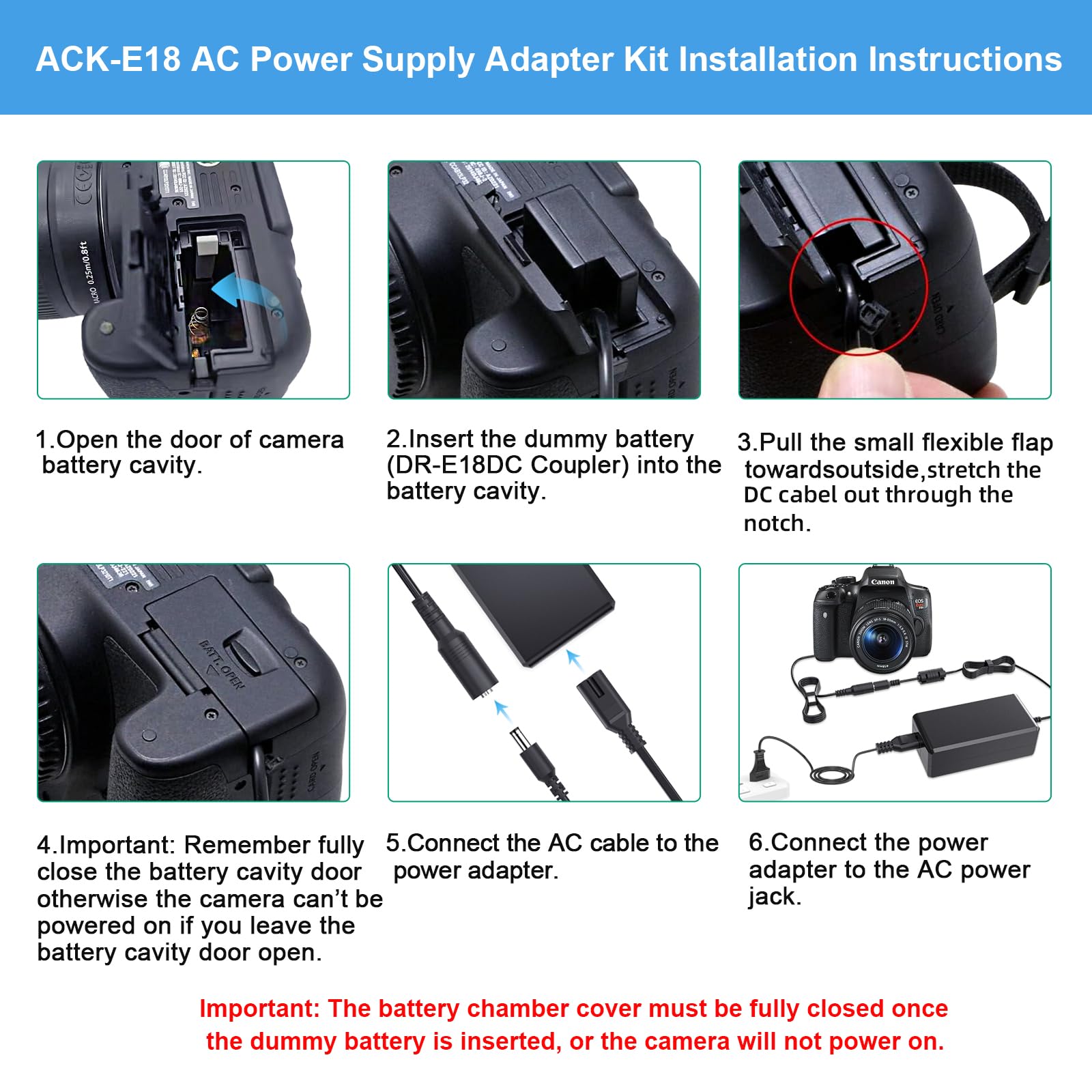 ACK-E18 Alimentador CA suministrado DR-E18 Kit cargador acoplador CC para cámaras Canon EOS Rebel T6i T6s T7i T8i SL2 750D 760D 850D 77D 200D 250D Kiss X8i X9i X10i 8000D 900D RP cámaras