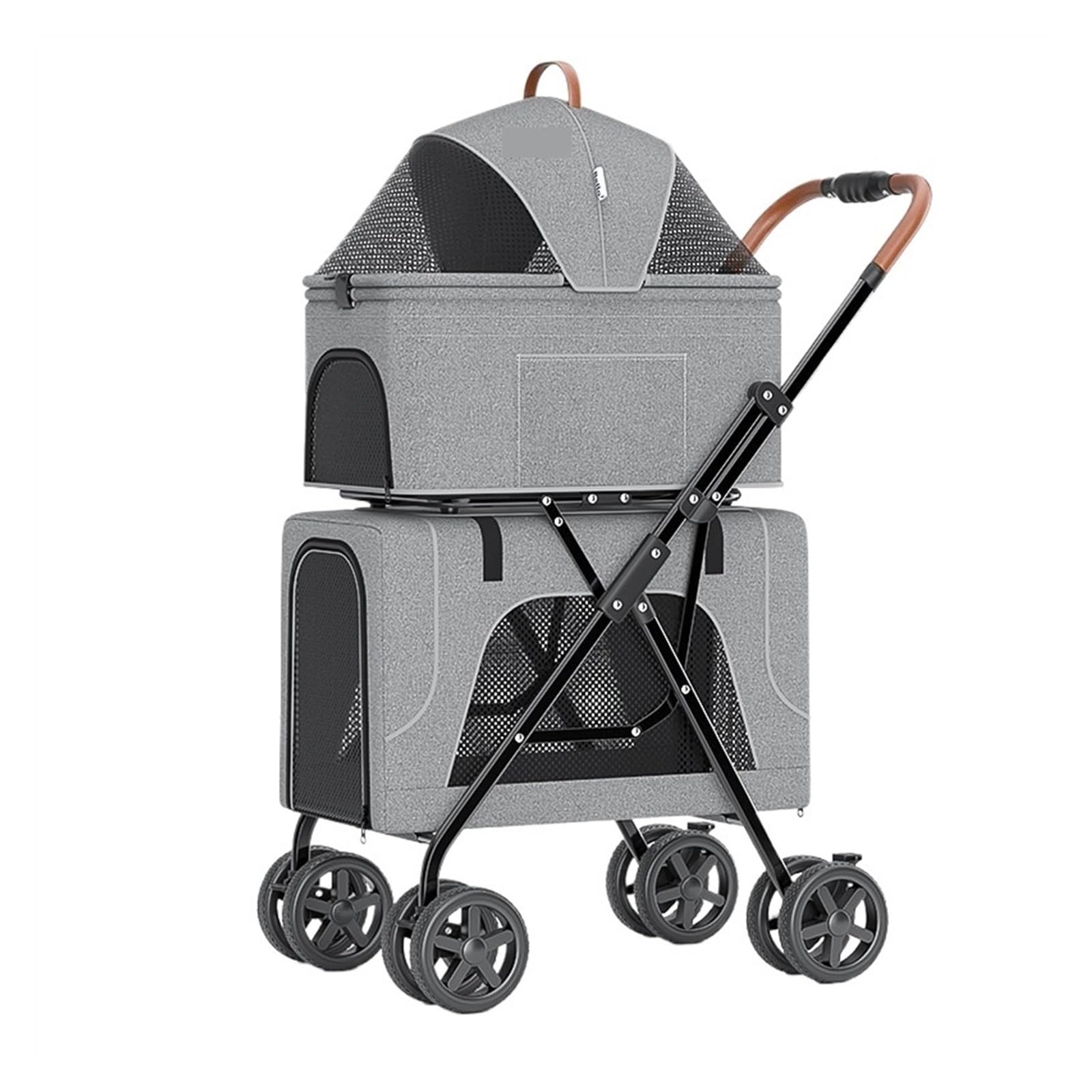 Cochecito para mascotas plegable de dos pisos gris con transportín desmontable
