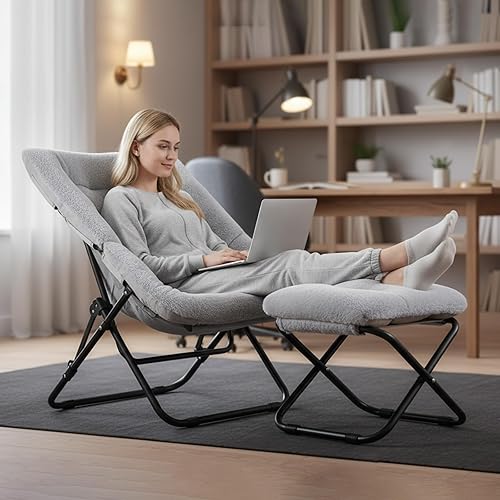 Miniatura 2 de Tiita Silla plegable con otomana recta, silla plegable de gran tamaño de piel sintética suave, silla perezosa, silla de luna con marco de metal para
