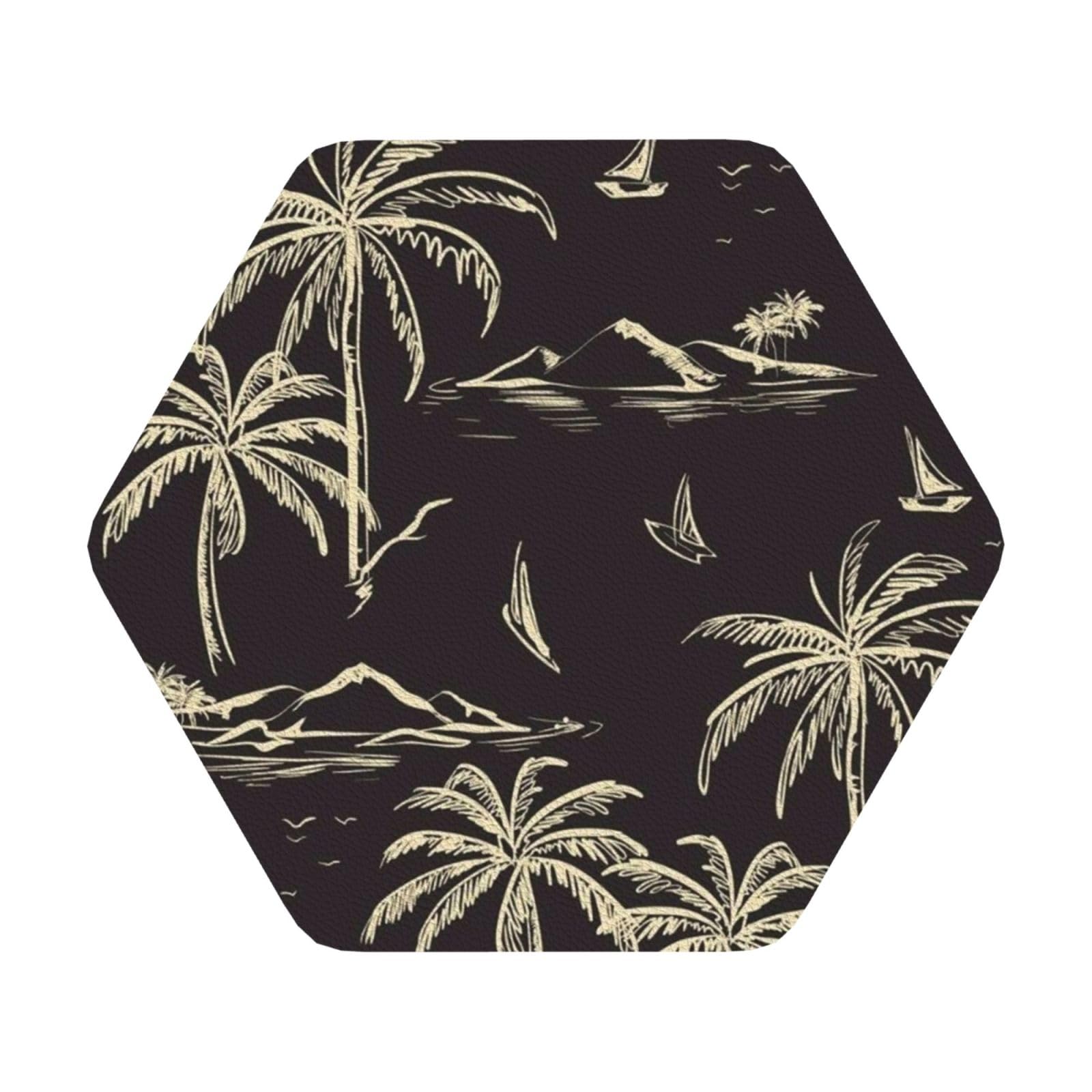 Palm Tree PU Leather Coasters Set of 6 Hexagon Drink Coasters
