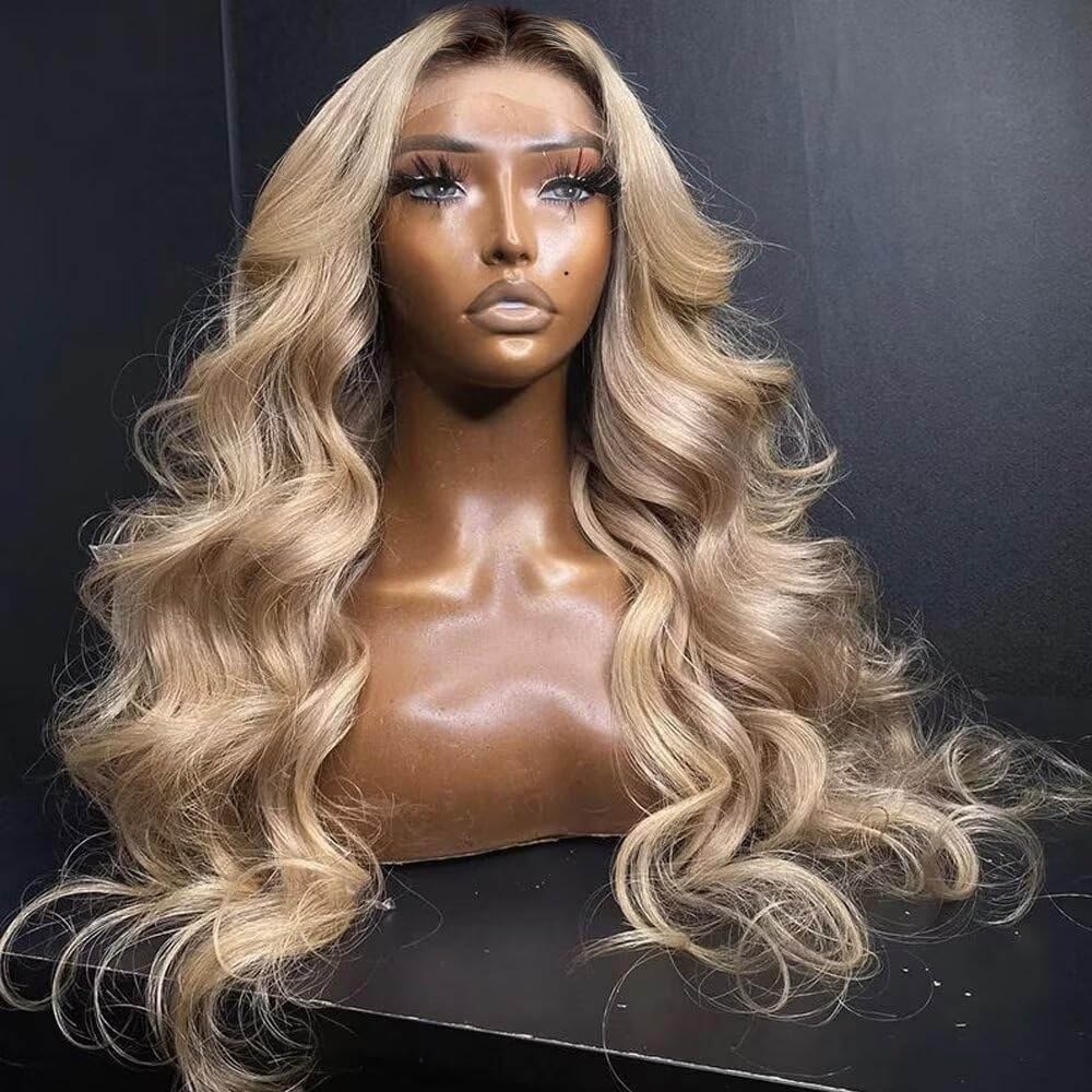 Ombre Light Ash Blonde Lace Front Wig Human Hair 210% Density Milk Tea Blonde Hair with Natural Growth Brown Roots 13x4 HD Body Wave Wig Pre Plucked Multi-Color Wigs for Any Occasion 26 Inch