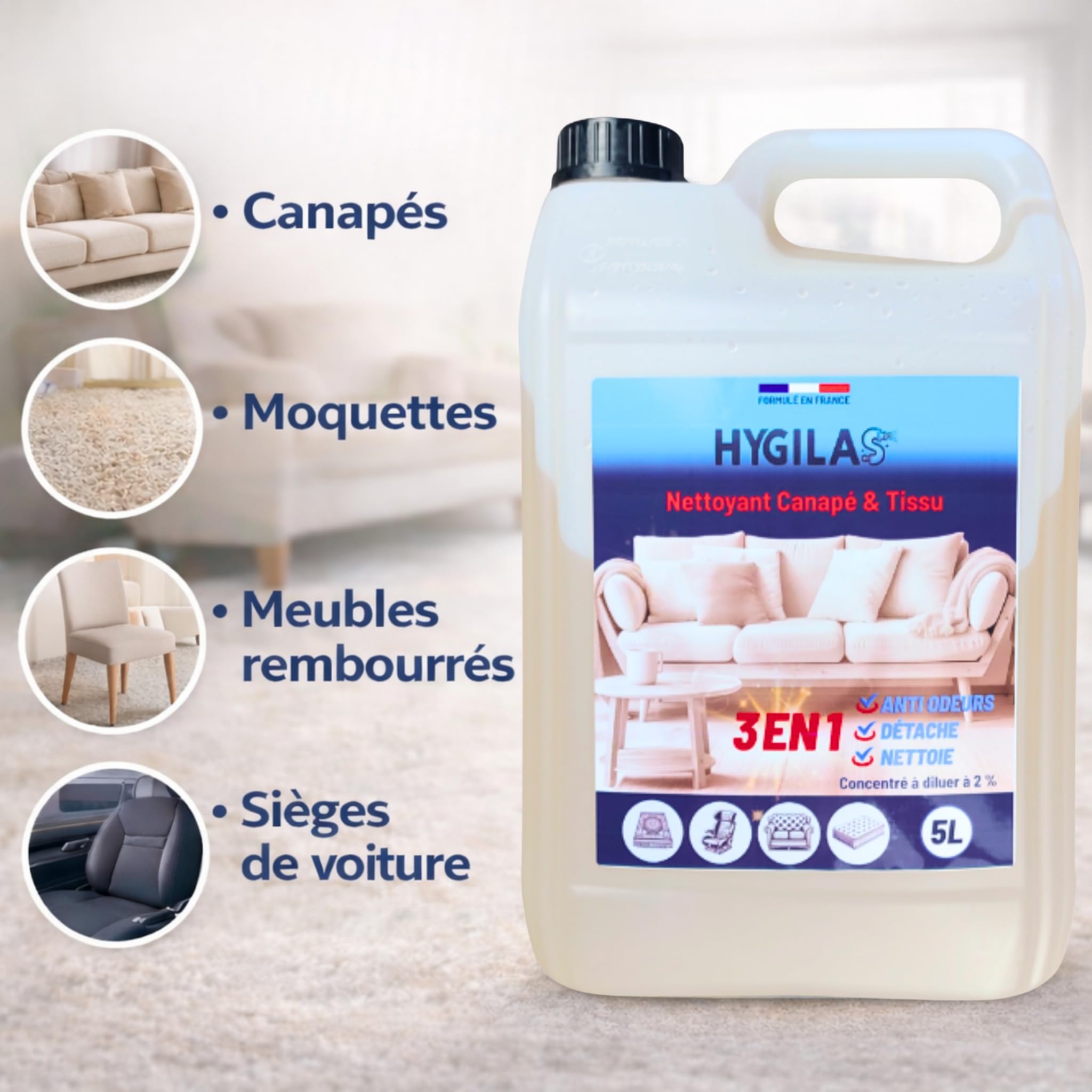 HYGILAS Nettoyant Canapé & Tissu, Professionnel 5L - Concentré à Diluer - Compatible Injection/Extraction & Shampouineuse - Matelas, Tapis, Moquette