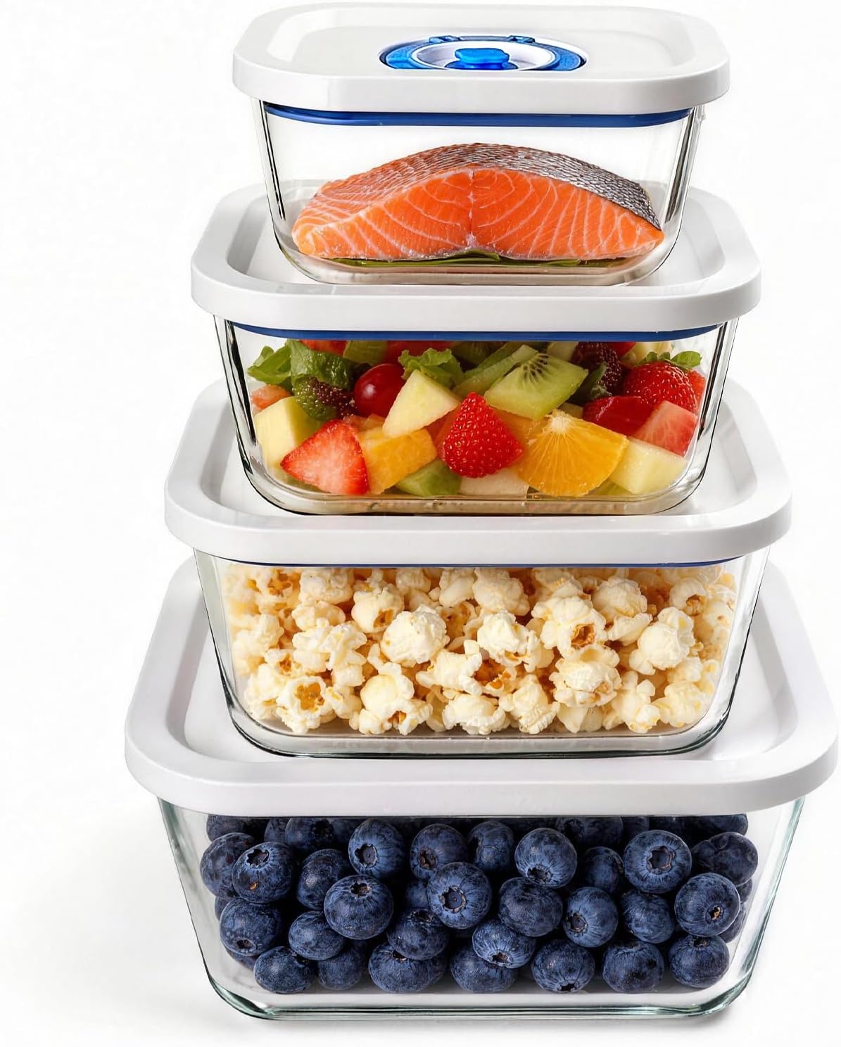 Vacuum Seal Glass Containers for Food Storage, 4 Sizes (S M L XL) Compatible with Desktop and Handheld Vacuum Sealer Machines, Airtight Lid Set