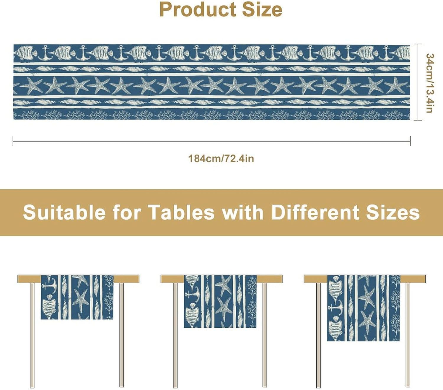 Starfish Beach Table Runner, Ocean Vintage Seashell Nautical Coastal Coral Retro Anchor, Rectangle Scarf for Dining Room Kitchen Table Setting Decor 13in(33cm) W * 120in(305cm) L