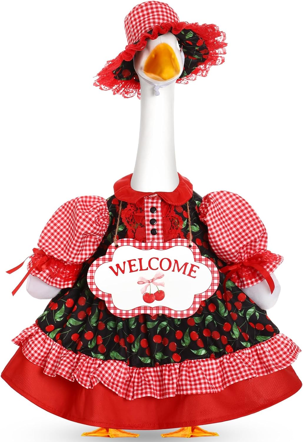 FuWeave Spring Porch Goose Outfit Set for 23'' H Plastic Lolita Cement Statue Cute Fruit Skirt Spring Summer Goose Costume Clothes for Indoor Outdoor Yard Lawn Patio Art Decor(Cherry)